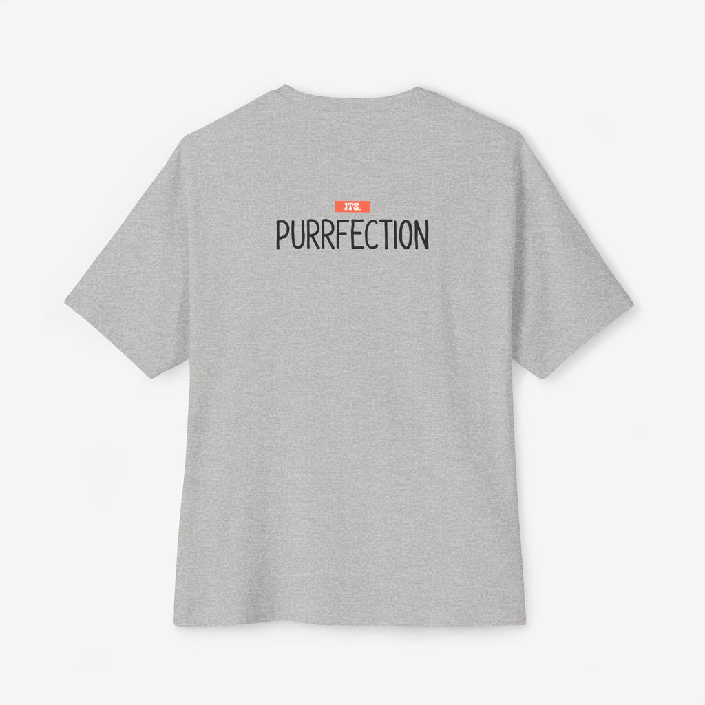 PUURRFECT LOVE OVERSIZED BOXY TEE — PLAYFUL CAT LOVER GRAPHIC SHIRT