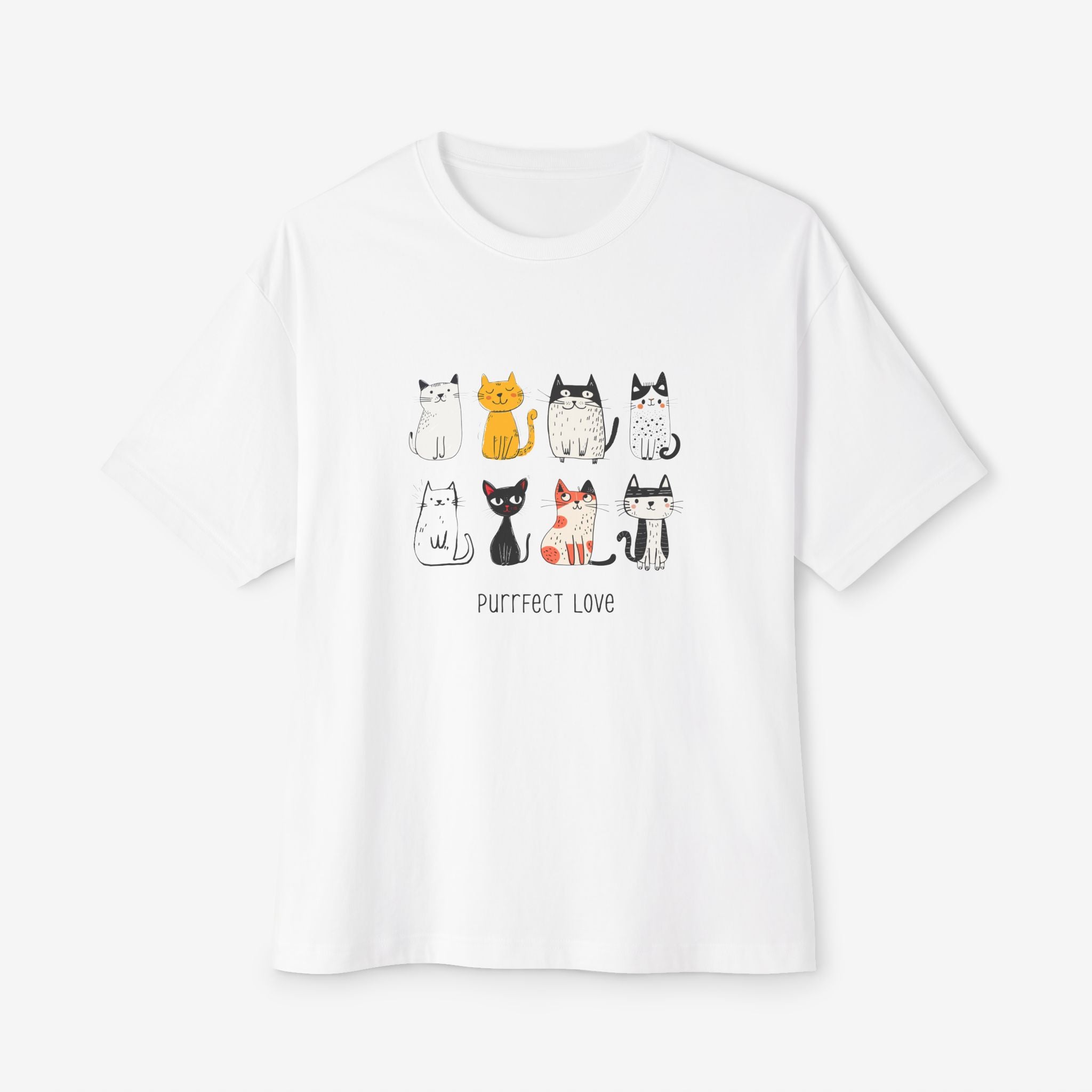 PUURRFECT LOVE BOXY TEE — PLAYFUL CAT LOVER GRAPHIC SHIRT