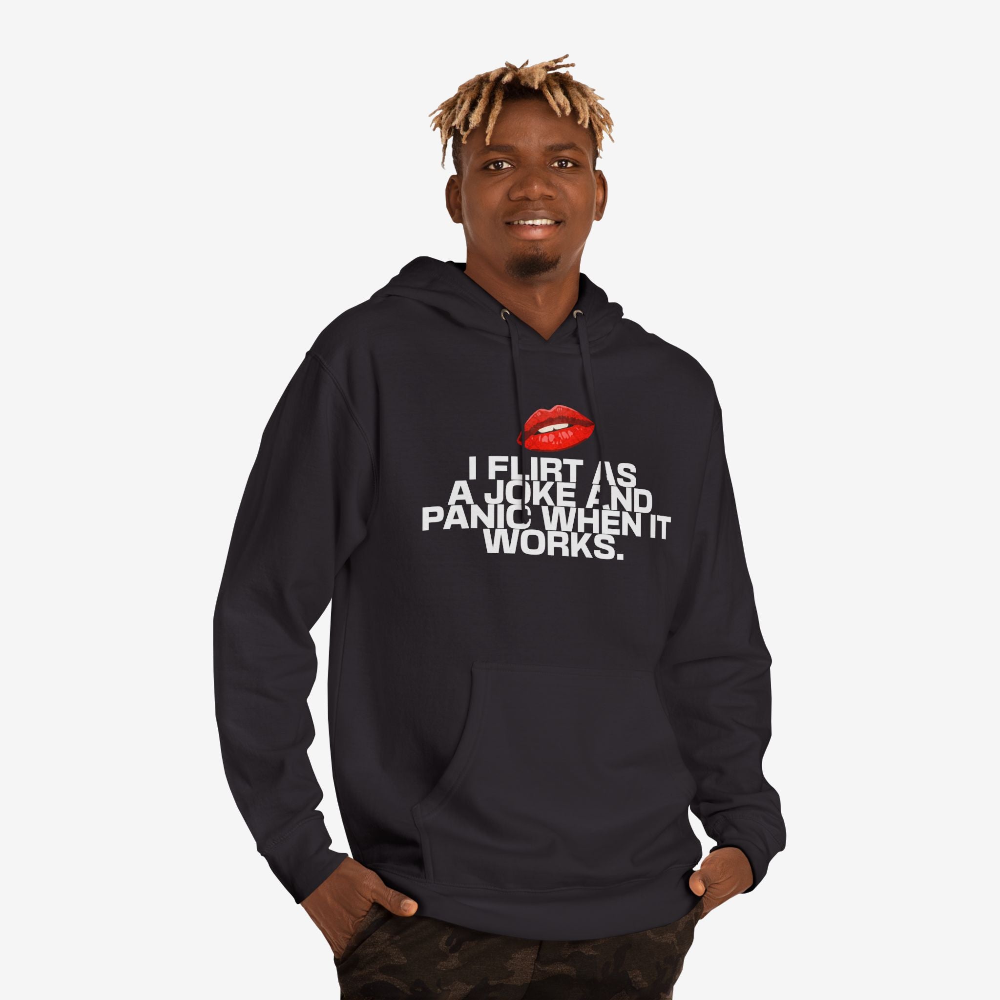 I FLIRT AS A JOKE AND PANIC WHEN IT WORKS – FUNNY FLIRTY GRAPHIC HOODIE