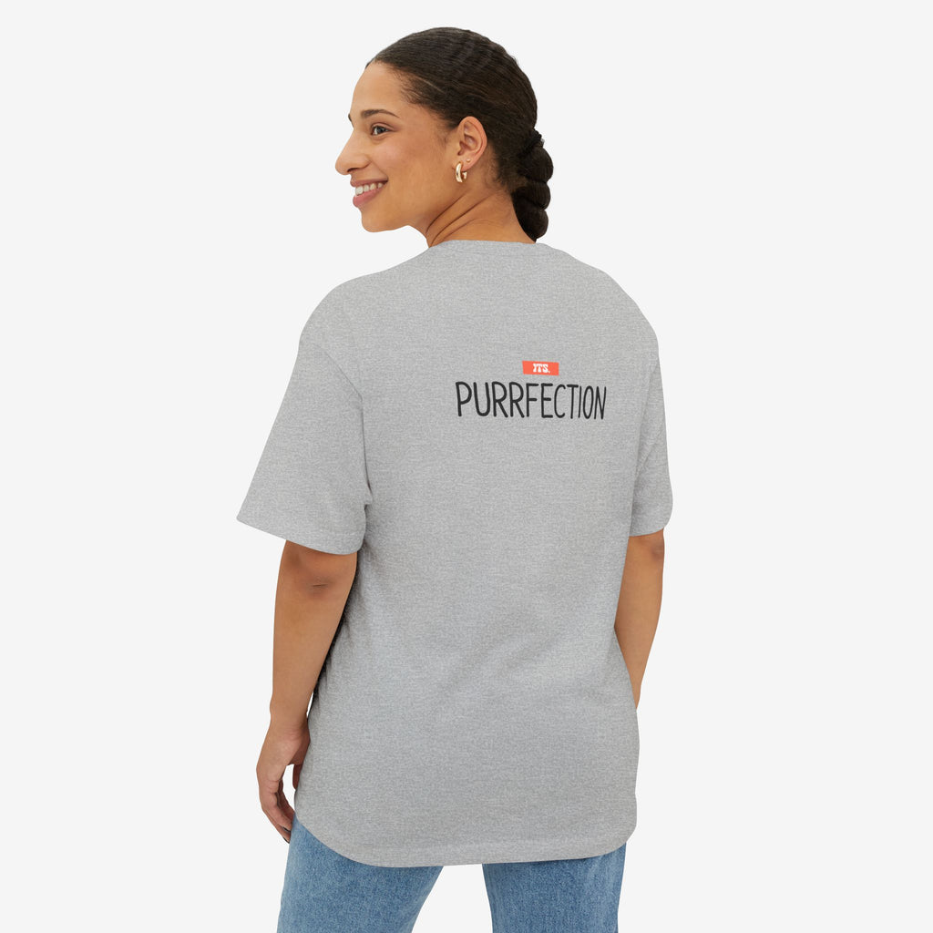 PUURRFECT LOVE OVERSIZED BOXY TEE — PLAYFUL CAT LOVER GRAPHIC SHIRT