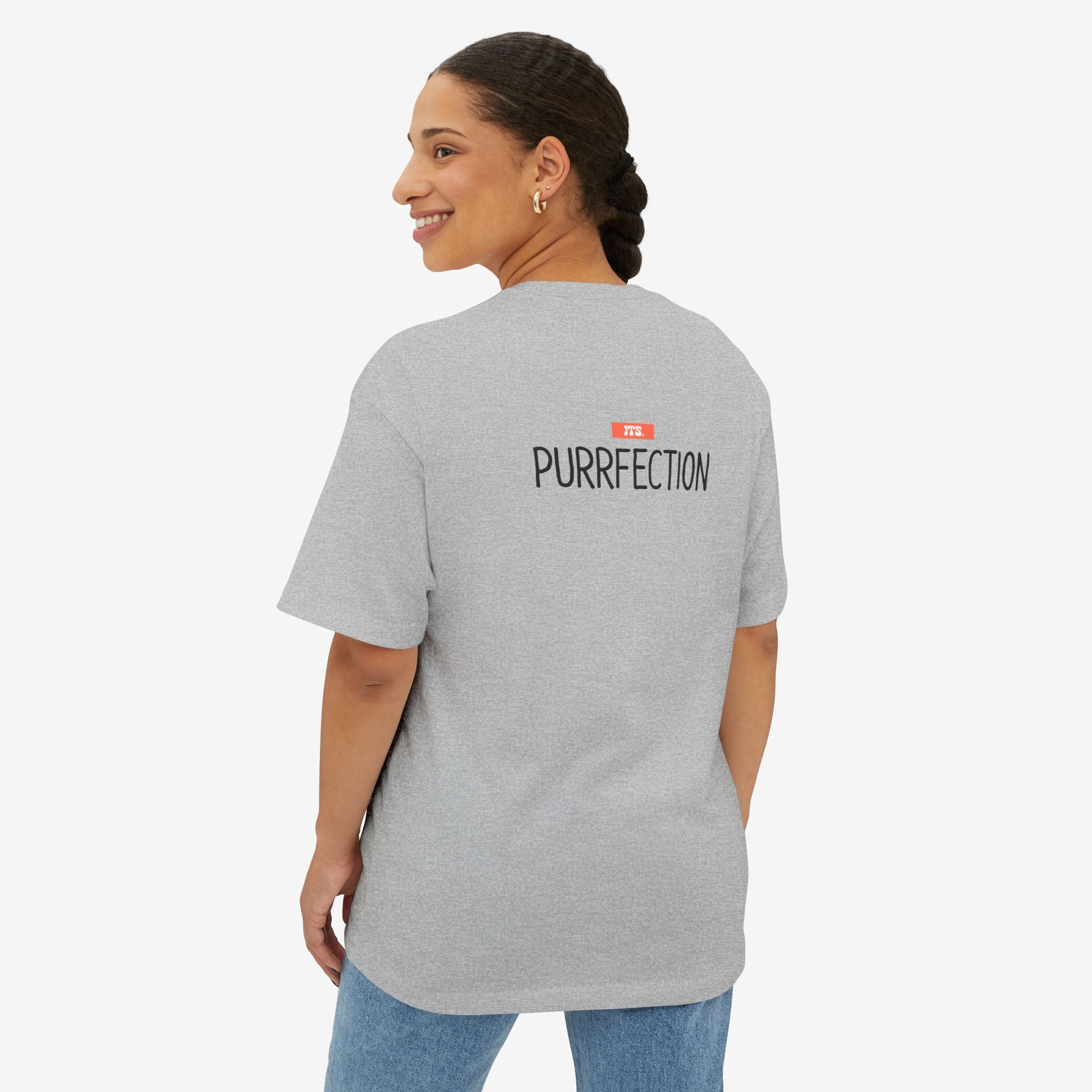 PUURRFECT LOVE OVERSIZED BOXY TEE — PLAYFUL CAT LOVER GRAPHIC SHIRT