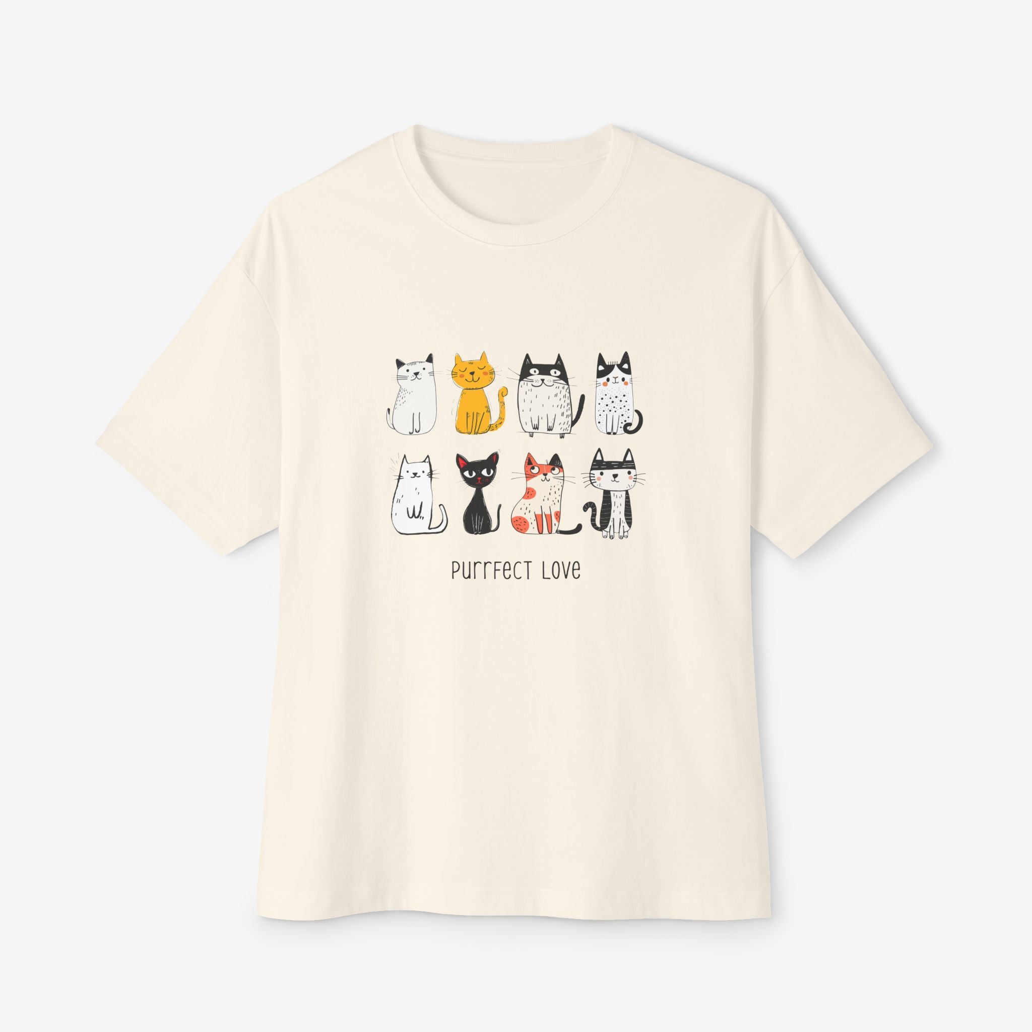 PUURRFECT LOVE BOXY TEE — PLAYFUL CAT LOVER GRAPHIC SHIRT
