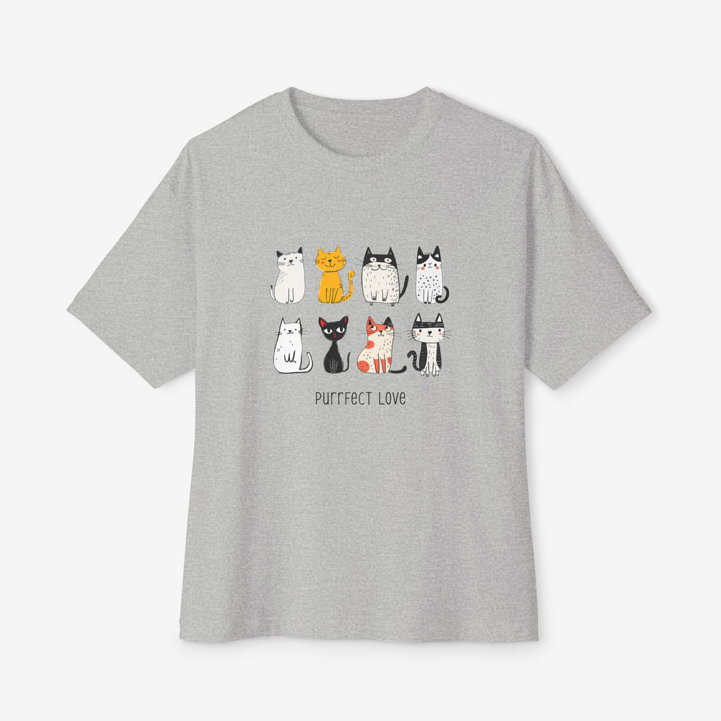 PUURRFECT LOVE OVERSIZED BOXY TEE — PLAYFUL CAT LOVER GRAPHIC SHIRT