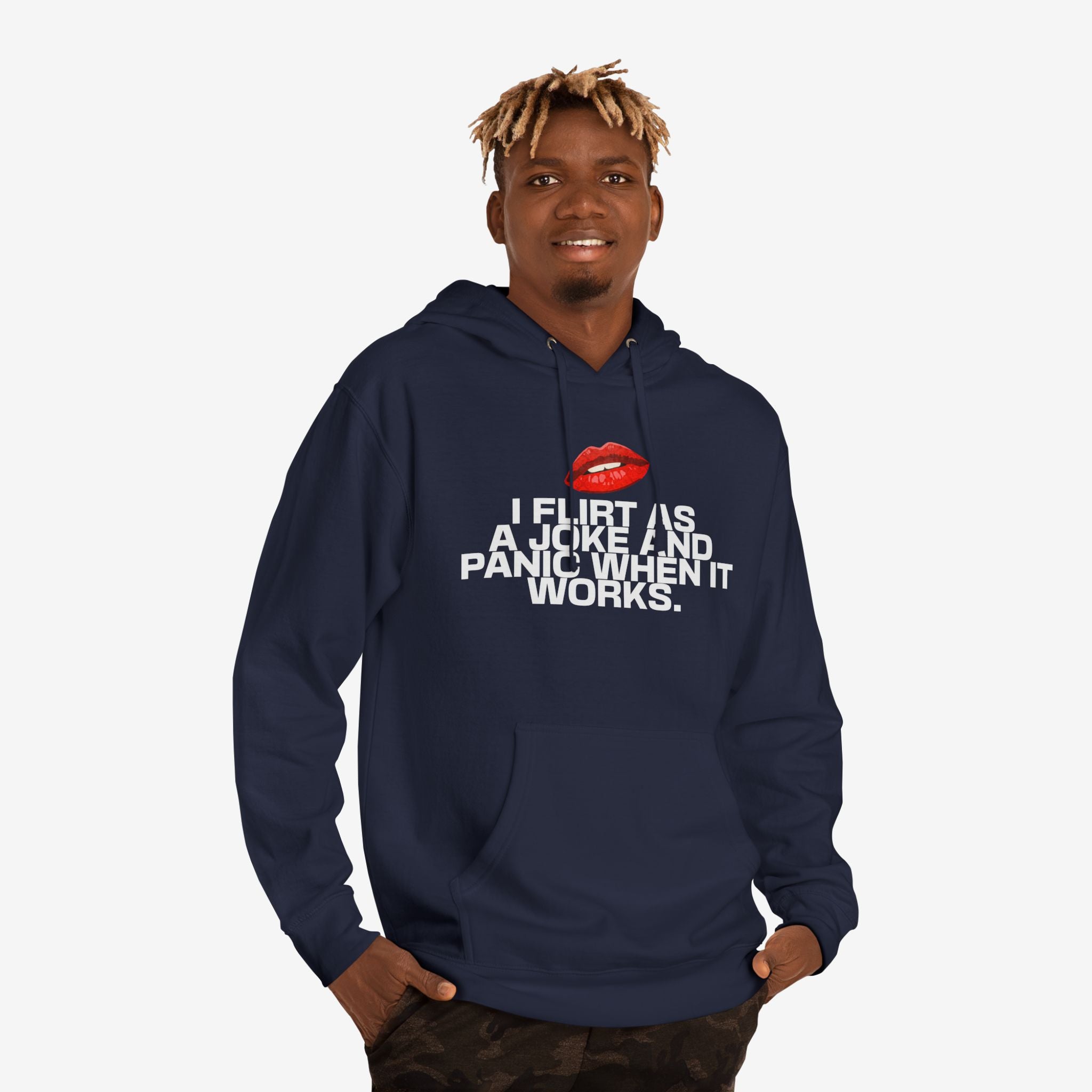 I FLIRT AS A JOKE AND PANIC WHEN IT WORKS – FUNNY FLIRTY GRAPHIC HOODIE