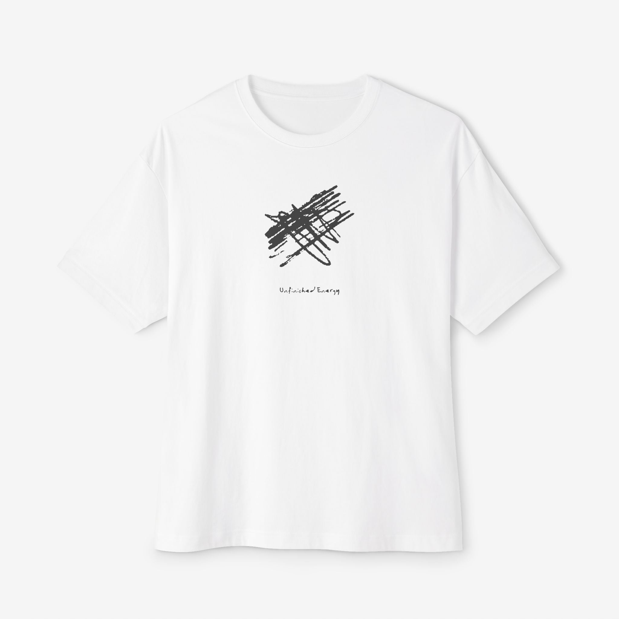UNFINISHED ENERGY BOXY TEE — MINIMAL TYPOGRAPHY STREETWEAR