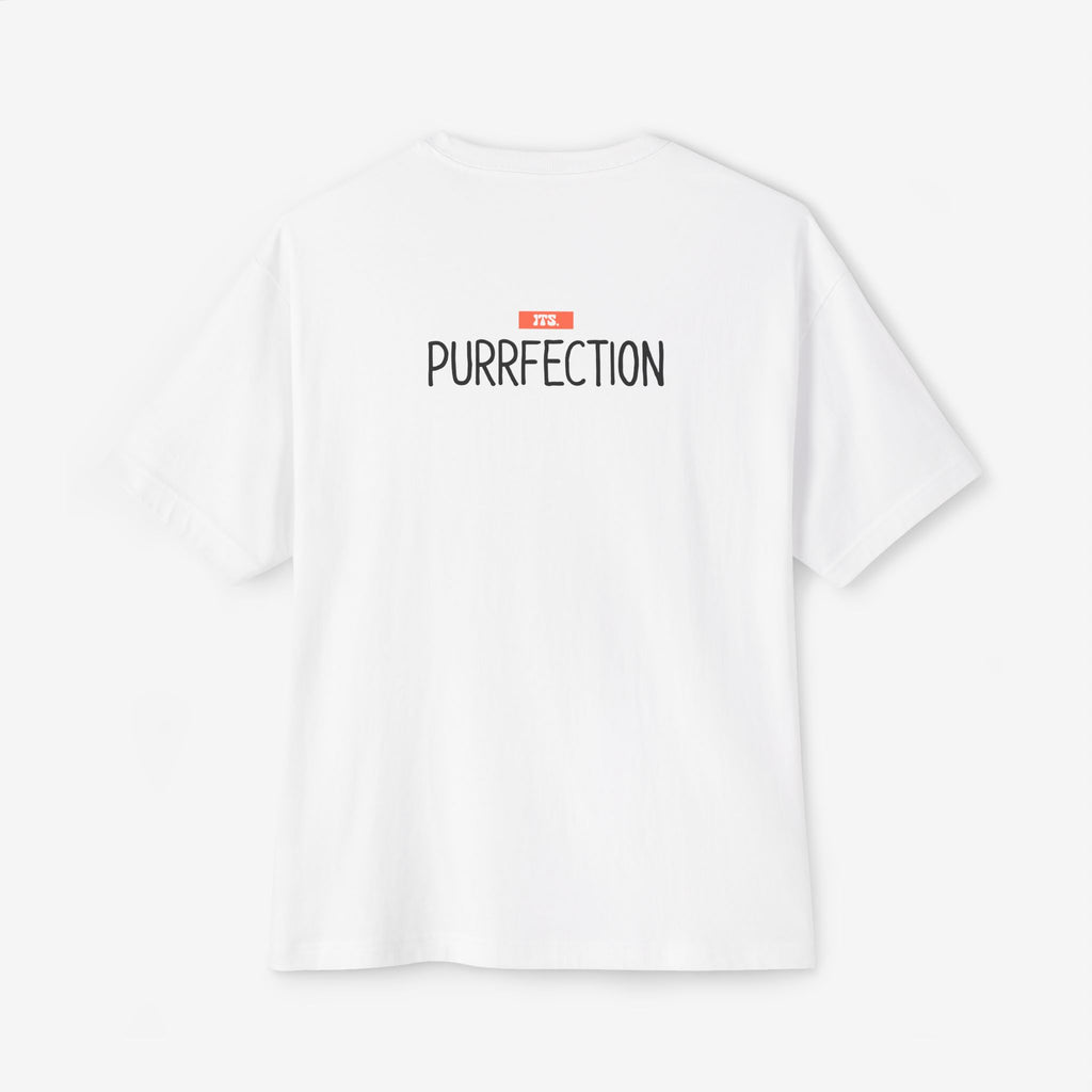 PUURRFECT LOVE OVERSIZED BOXY TEE — PLAYFUL CAT LOVER GRAPHIC SHIRT