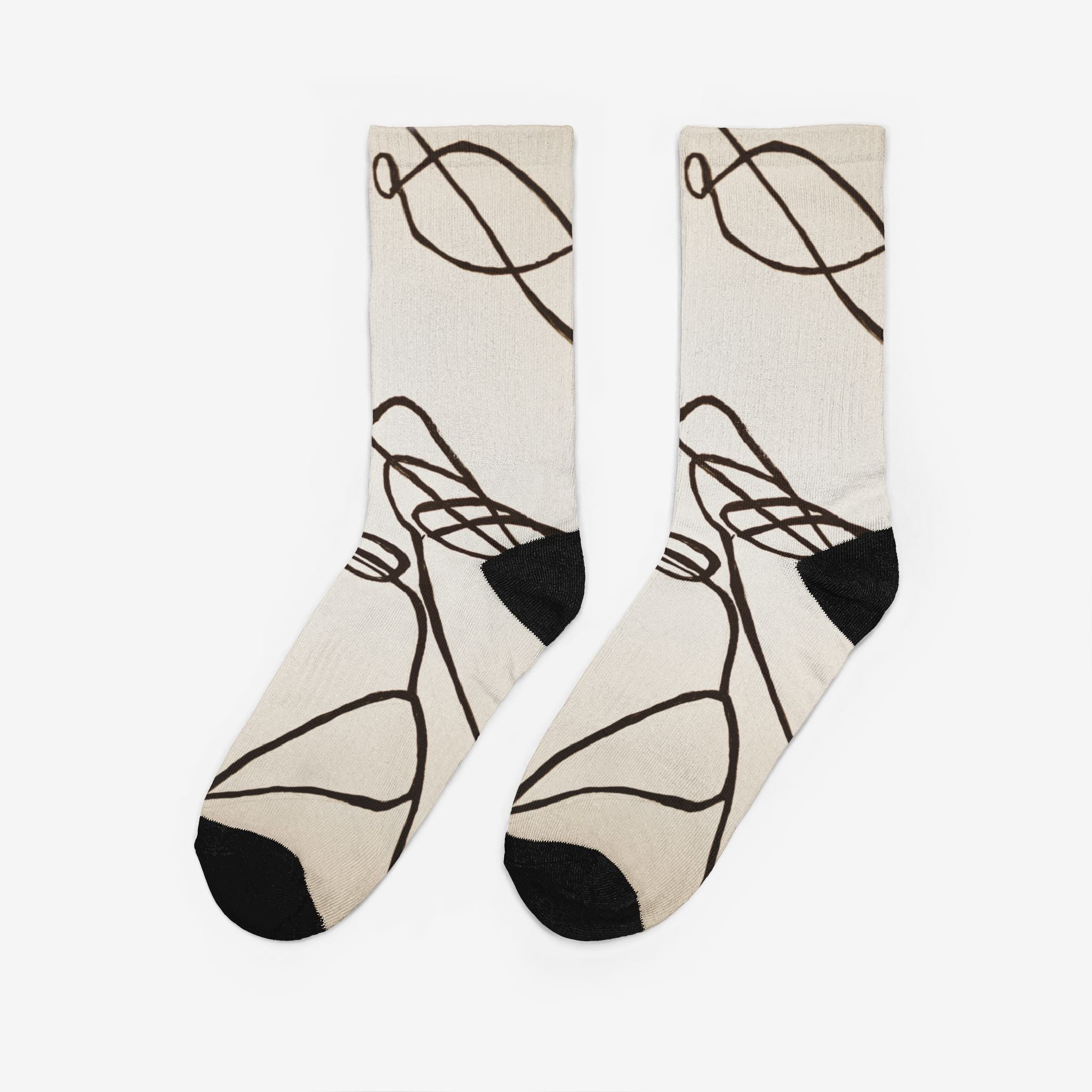 ABSTRACT LINE ART CREW SOCKS — MINIMAL BROWN & CREAM PATTERN