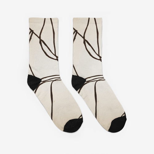 ABSTRACT LINE ART CREW SOCKS — MINIMAL BROWN & CREAM PATTERN