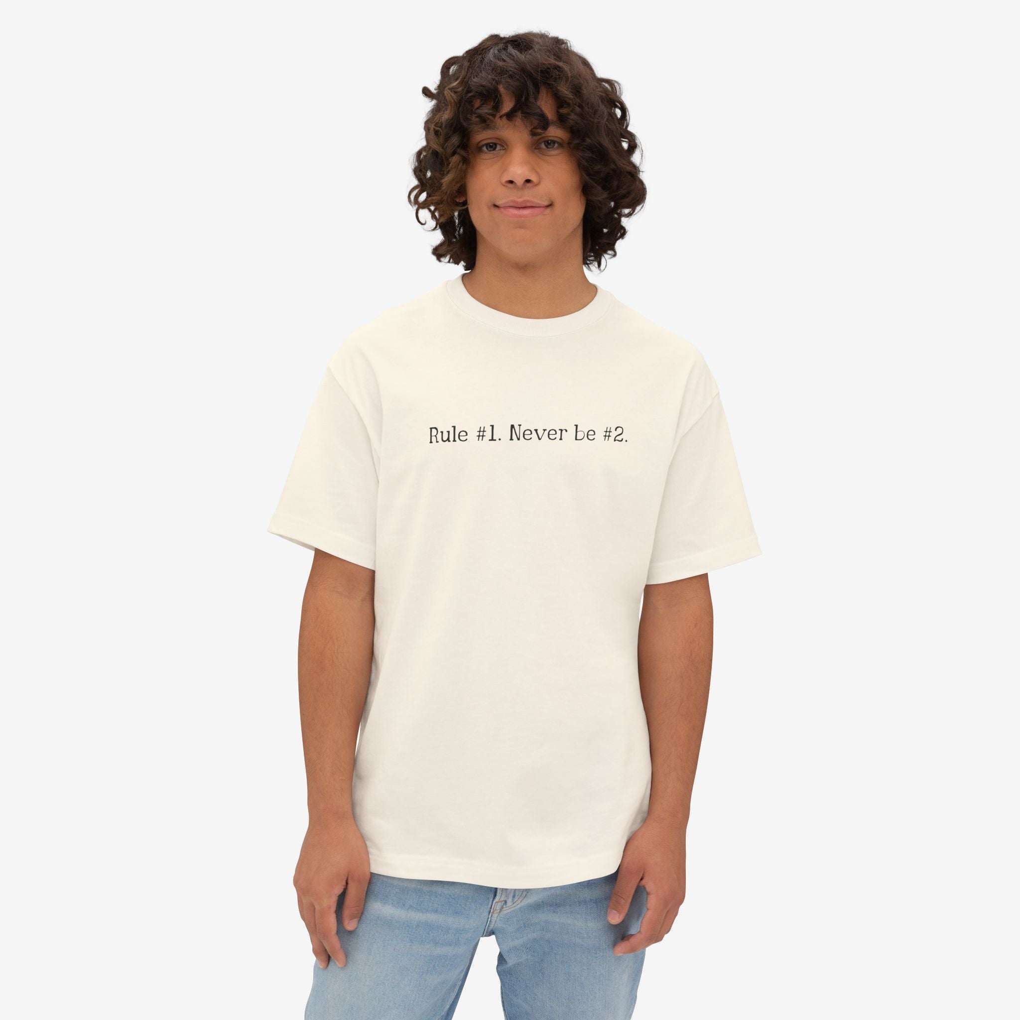 BOXY TEE — “RULE #1. NEVER BE #2” TYPOGRAPHY GRAPHIC SHIRT