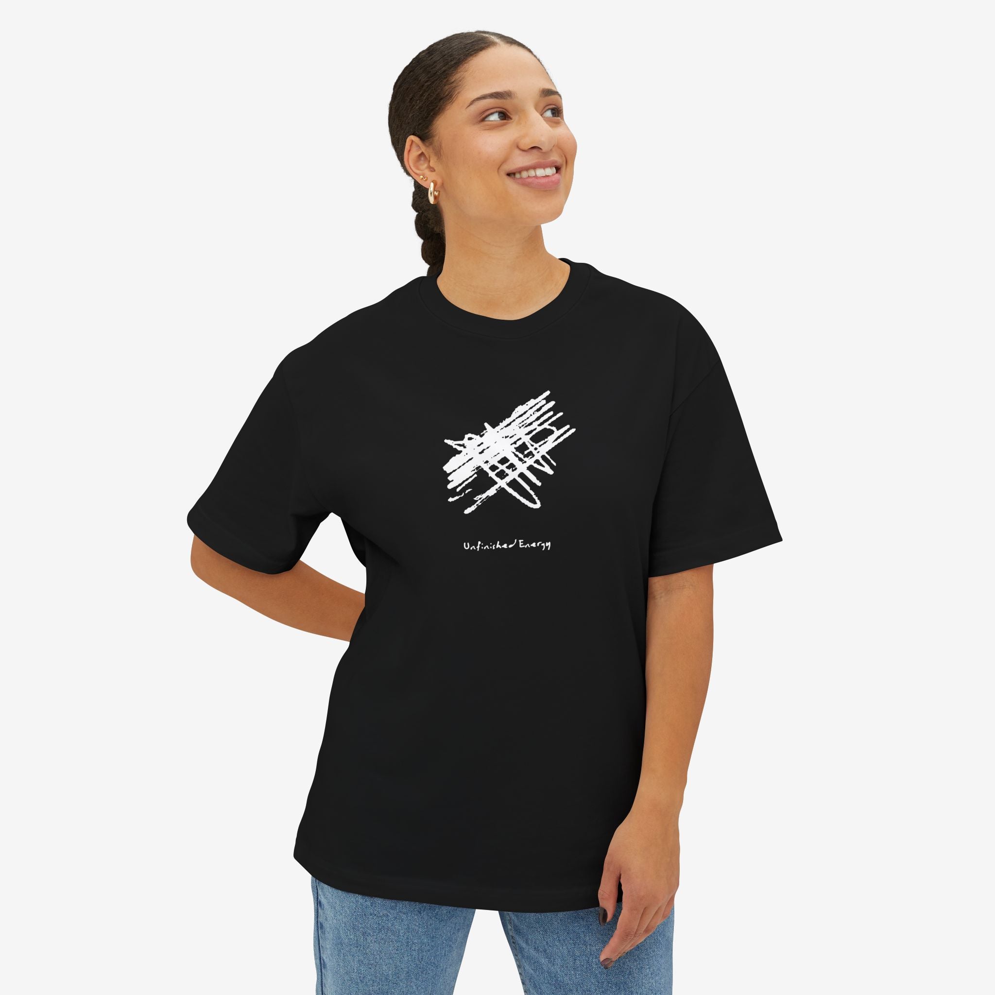 UNFINISHED ENERGY BOXY TEE — MINIMAL TYPOGRAPHY STREETWEAR