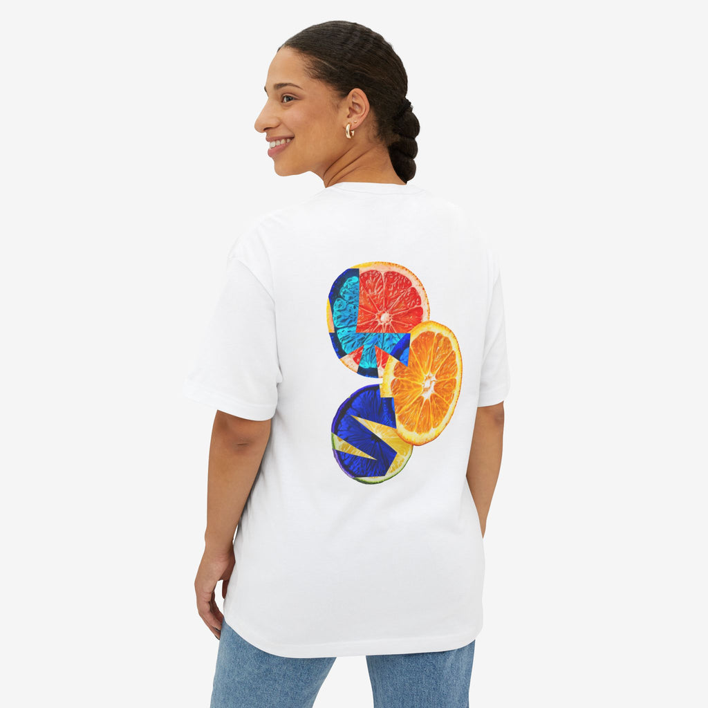 CITRUS COCKTAIL GRAPHIC TEE — TROPICAL FRUIT PRINT BOXY T-SHIRT