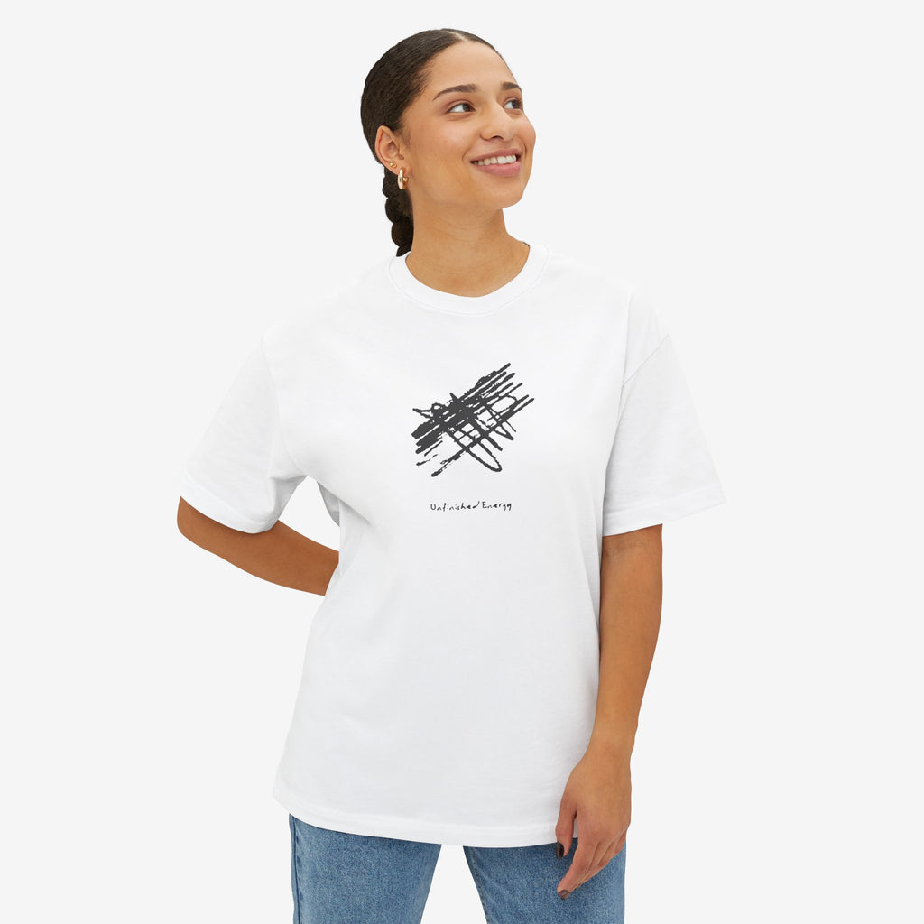 UNFINISHED ENERGY BOXY TEE — MINIMAL TYPOGRAPHY STREETWEAR
