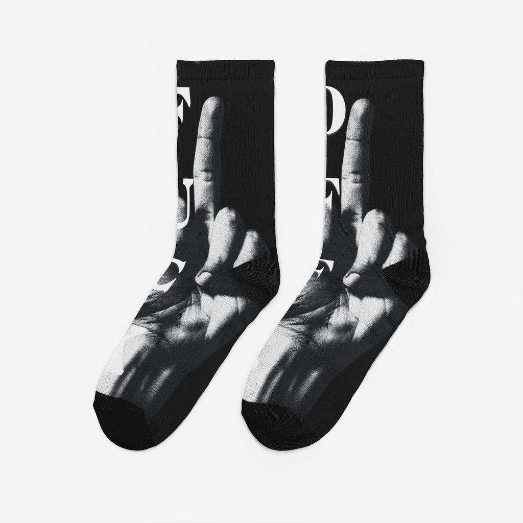 M*DDLE F*NGER GRAPHIC CREW SOCKS — BOLD BLACK STATEMENT SOCKS