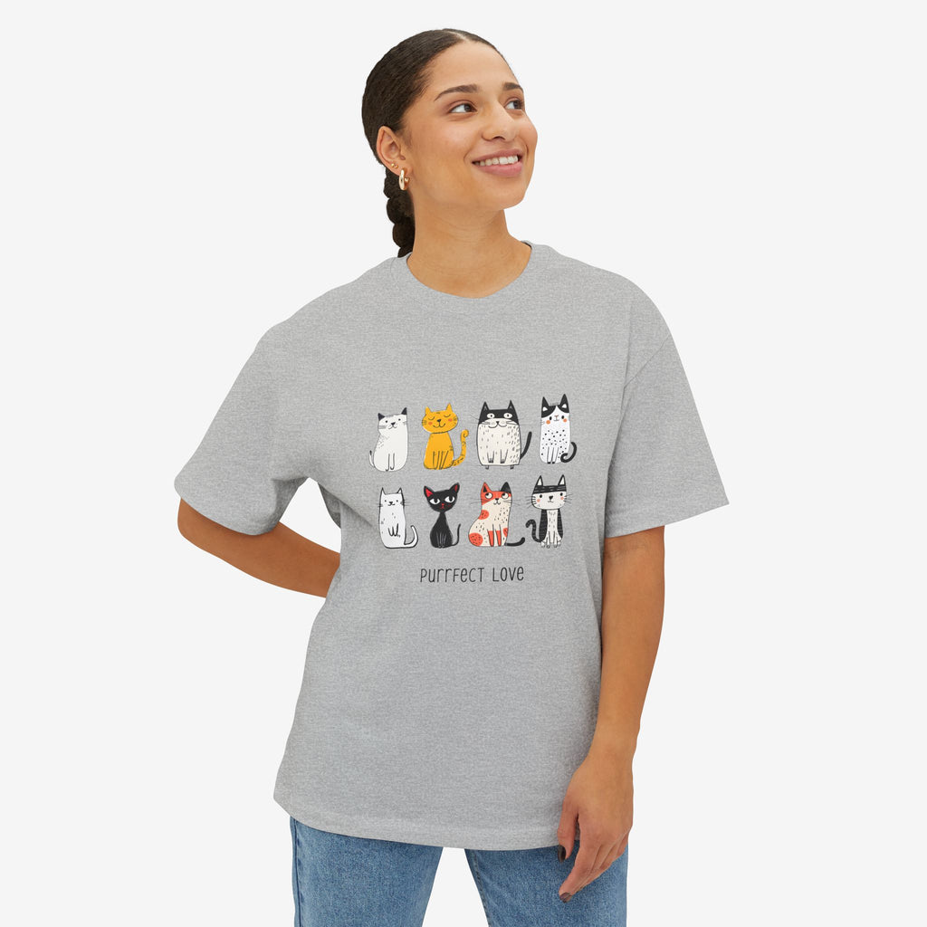 PUURRFECT LOVE OVERSIZED BOXY TEE — PLAYFUL CAT LOVER GRAPHIC SHIRT