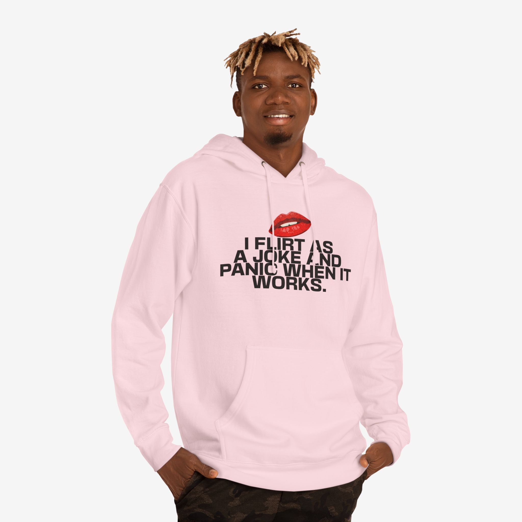 I FLIRT AS A JOKE AND PANIC WHEN IT WORKS – FUNNY FLIRTY GRAPHIC HOODIE
