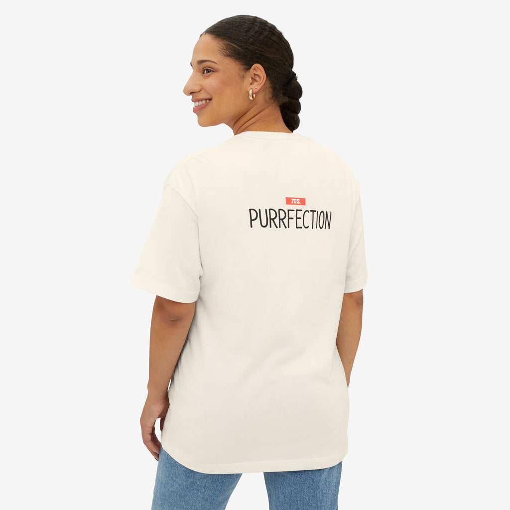 PUURRFECT LOVE OVERSIZED BOXY TEE — PLAYFUL CAT LOVER GRAPHIC SHIRT