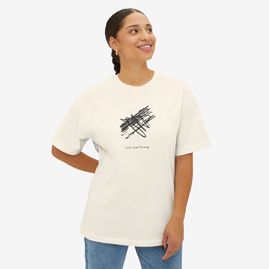 UNFINISHED ENERGY BOXY TEE — MINIMAL TYPOGRAPHY STREETWEAR