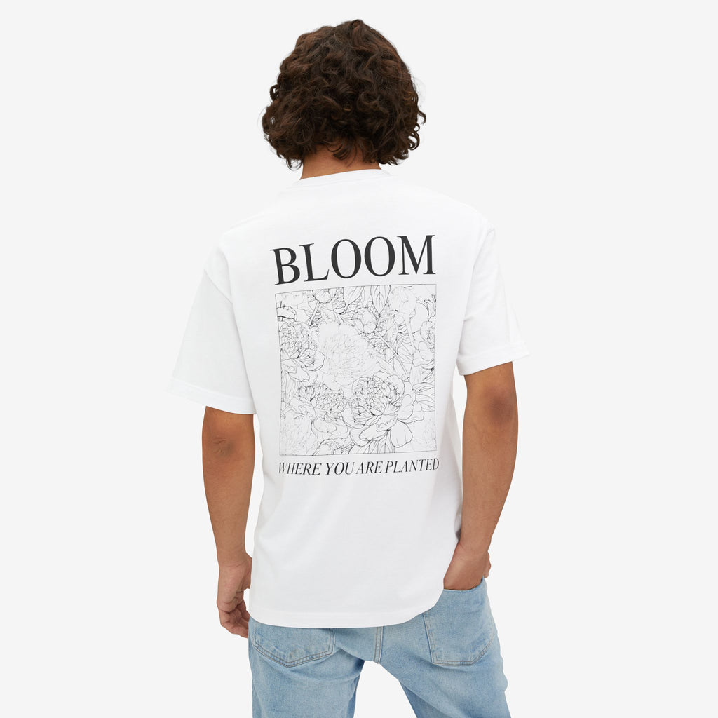 BLOOM TEE — “BLOOM WHERE YOU ARE PLANTED” FLORAL OVERSIZED SHIRT