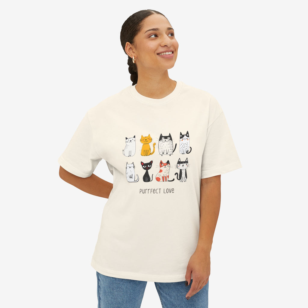 PUURRFECT LOVE OVERSIZED BOXY TEE — PLAYFUL CAT LOVER GRAPHIC SHIRT
