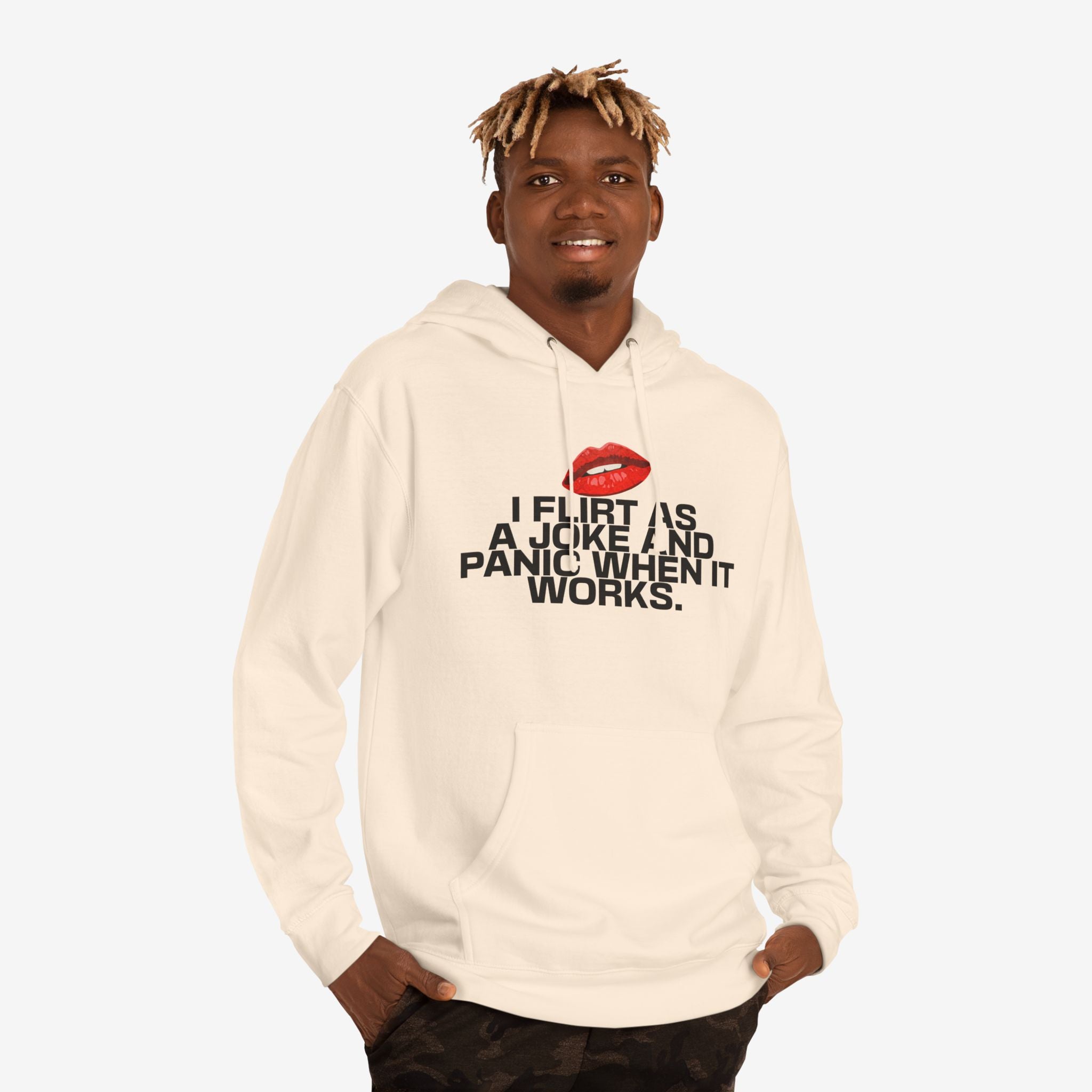 I FLIRT AS A JOKE AND PANIC WHEN IT WORKS – FUNNY FLIRTY GRAPHIC HOODIE