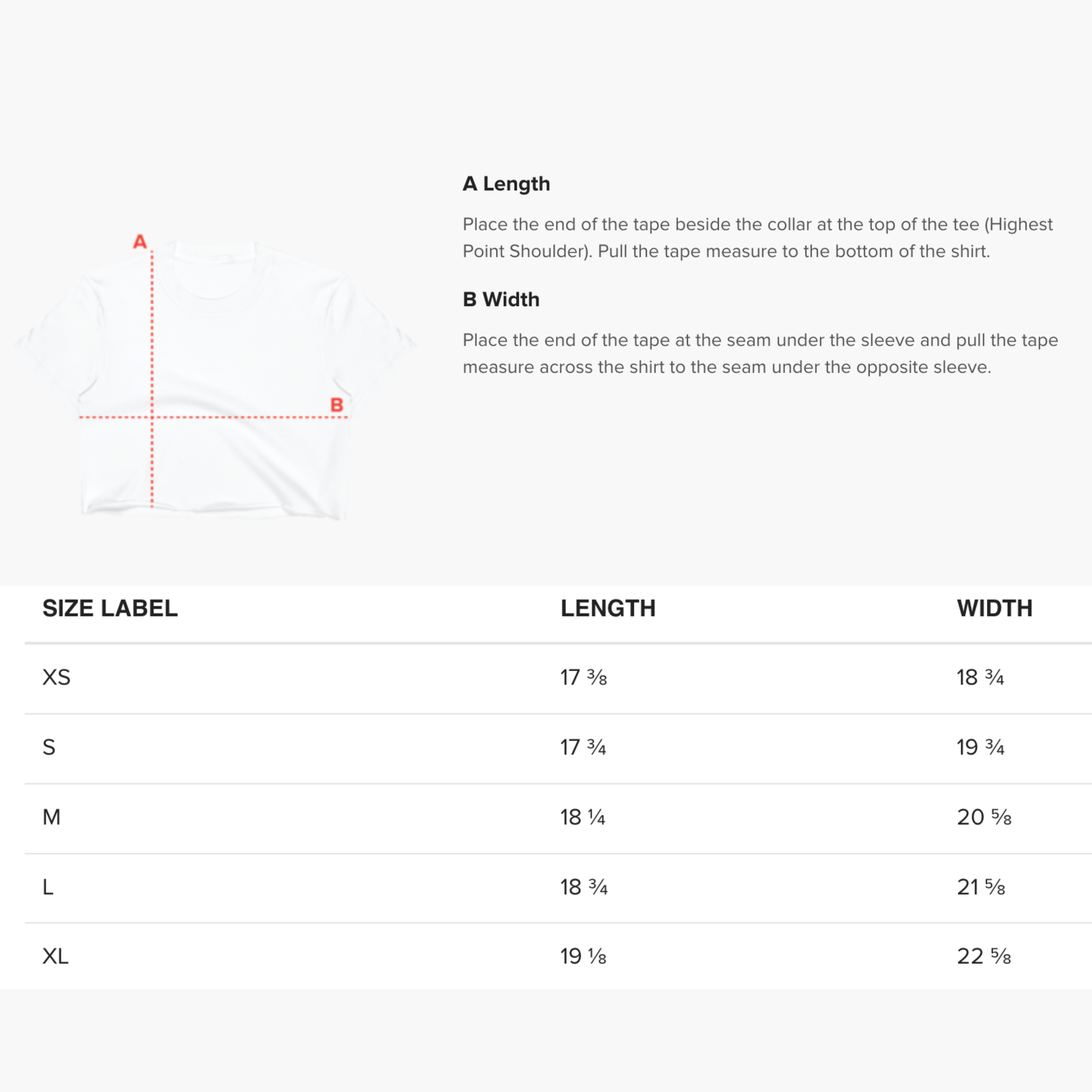 T-shirt size chart showing length and width measurements for XS to XL sizes