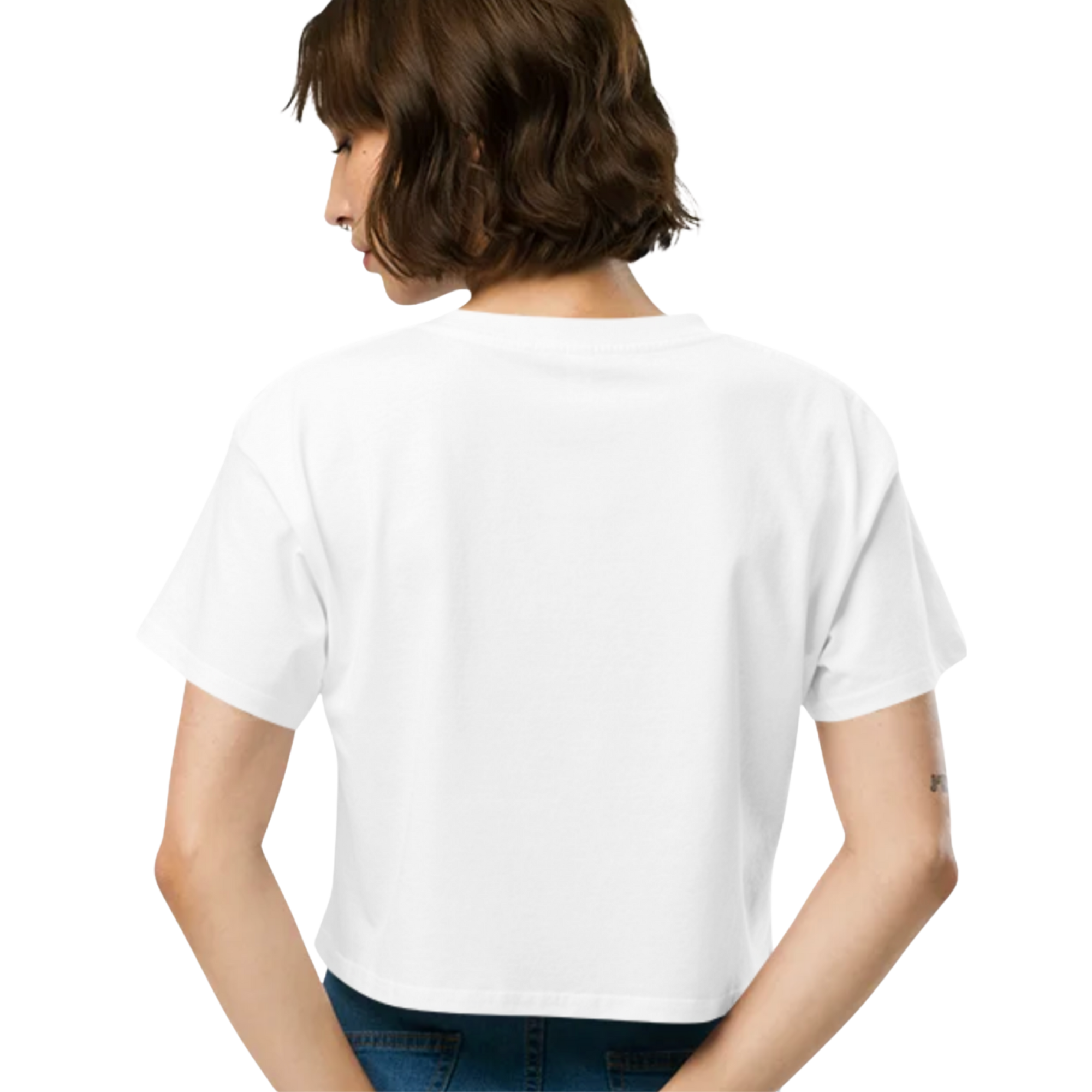 Woman wearing white cropped t-shirt with graphic design, back view, paired with jeans for casual streetwear style