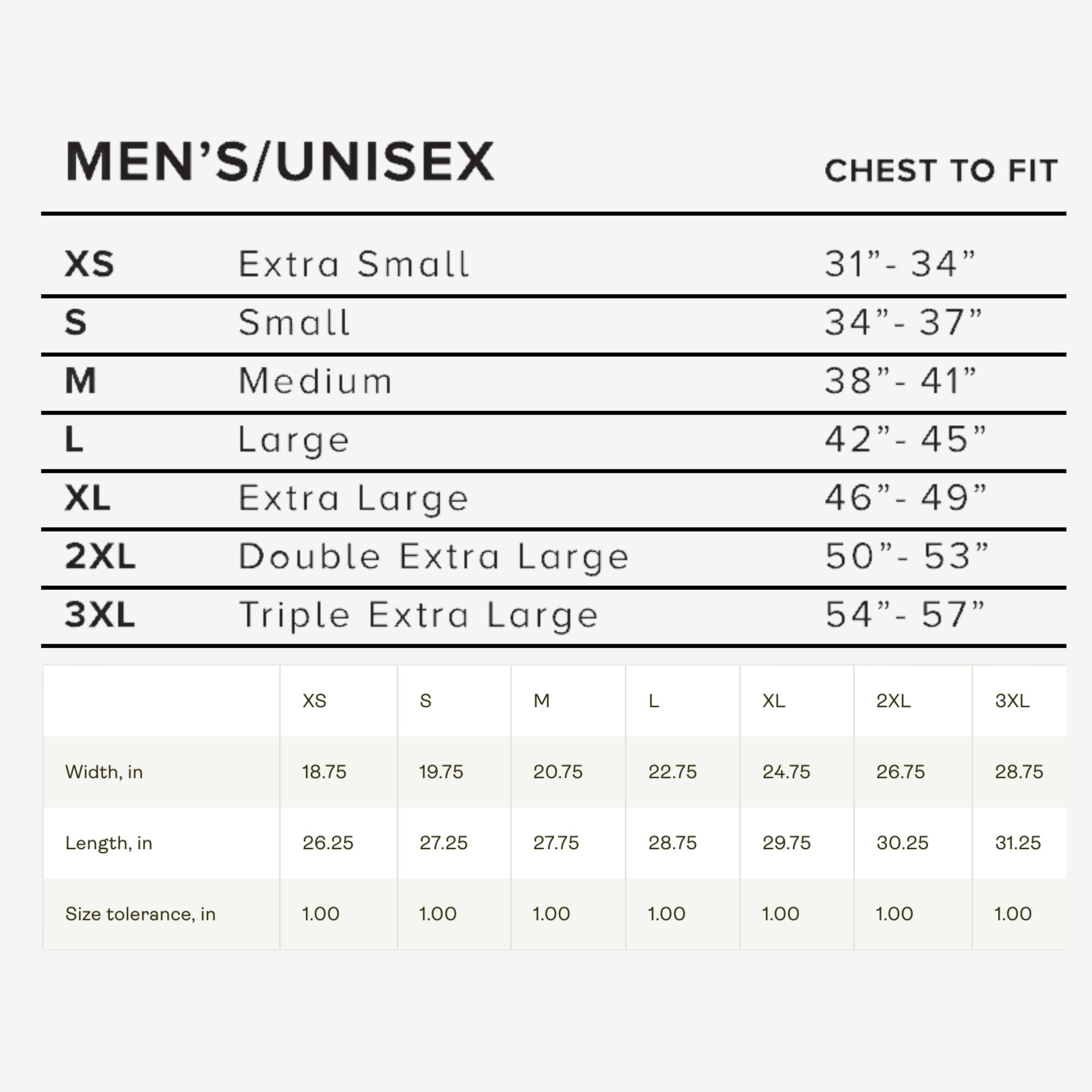 Men's/unisex apparel size chart with chest measurements and garment dimensions for t-shirts, hoodies, streetwear