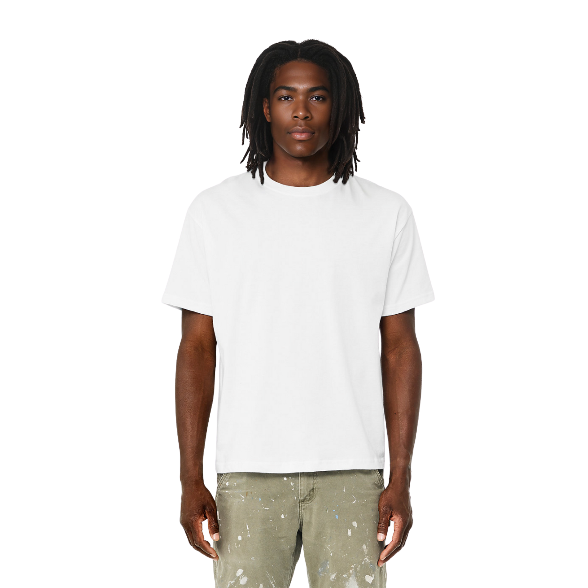 Man wearing plain white graphic tee with paint-splattered pants, ideal for custom streetwear designs