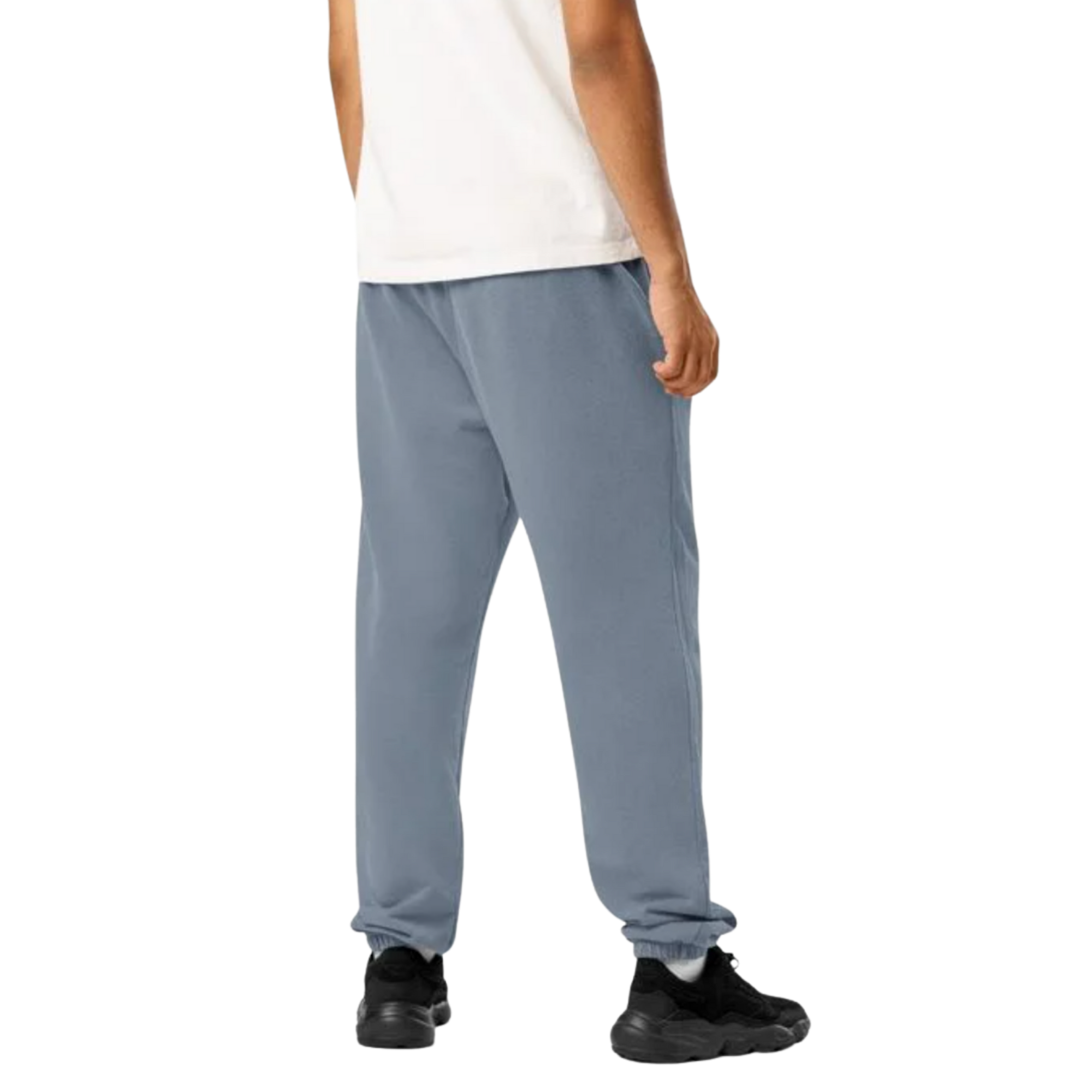 Light blue jogger pants with elastic cuffs, paired with white tee and black sneakers for casual streetwear style