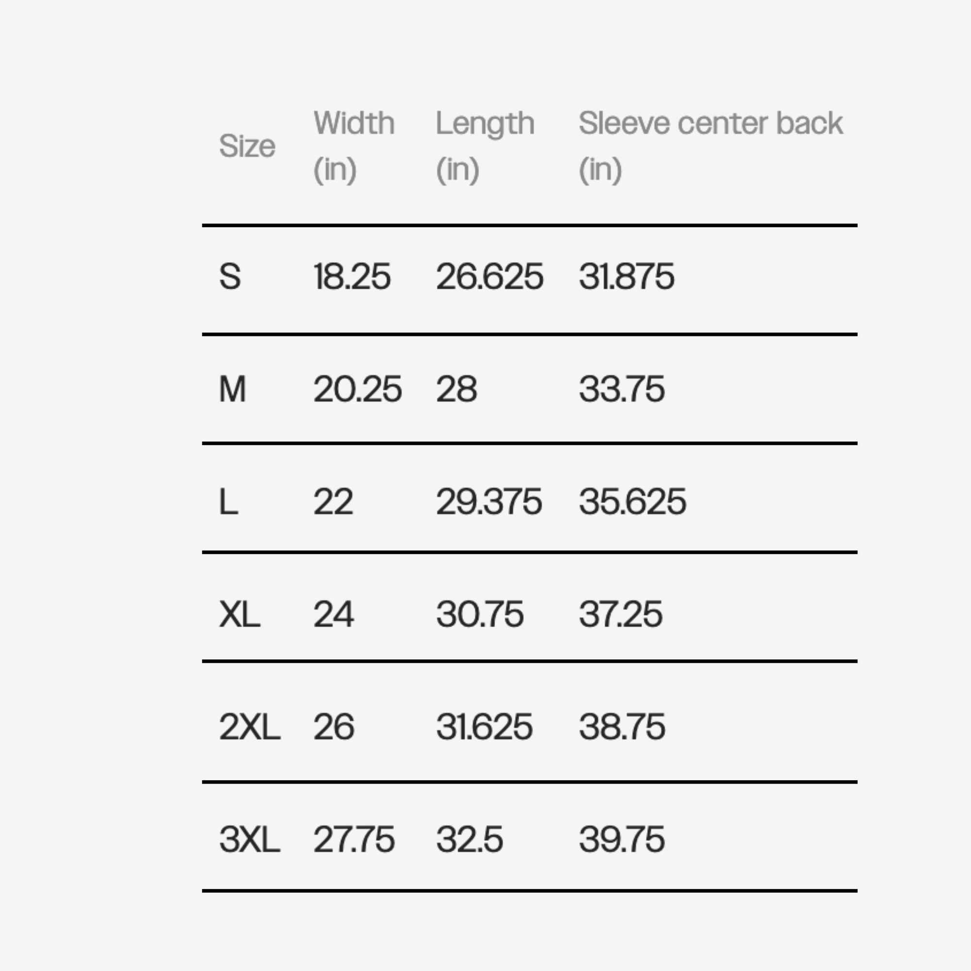 Size chart for graphic tees showing width, length, and sleeve measurements from S to 3XL
