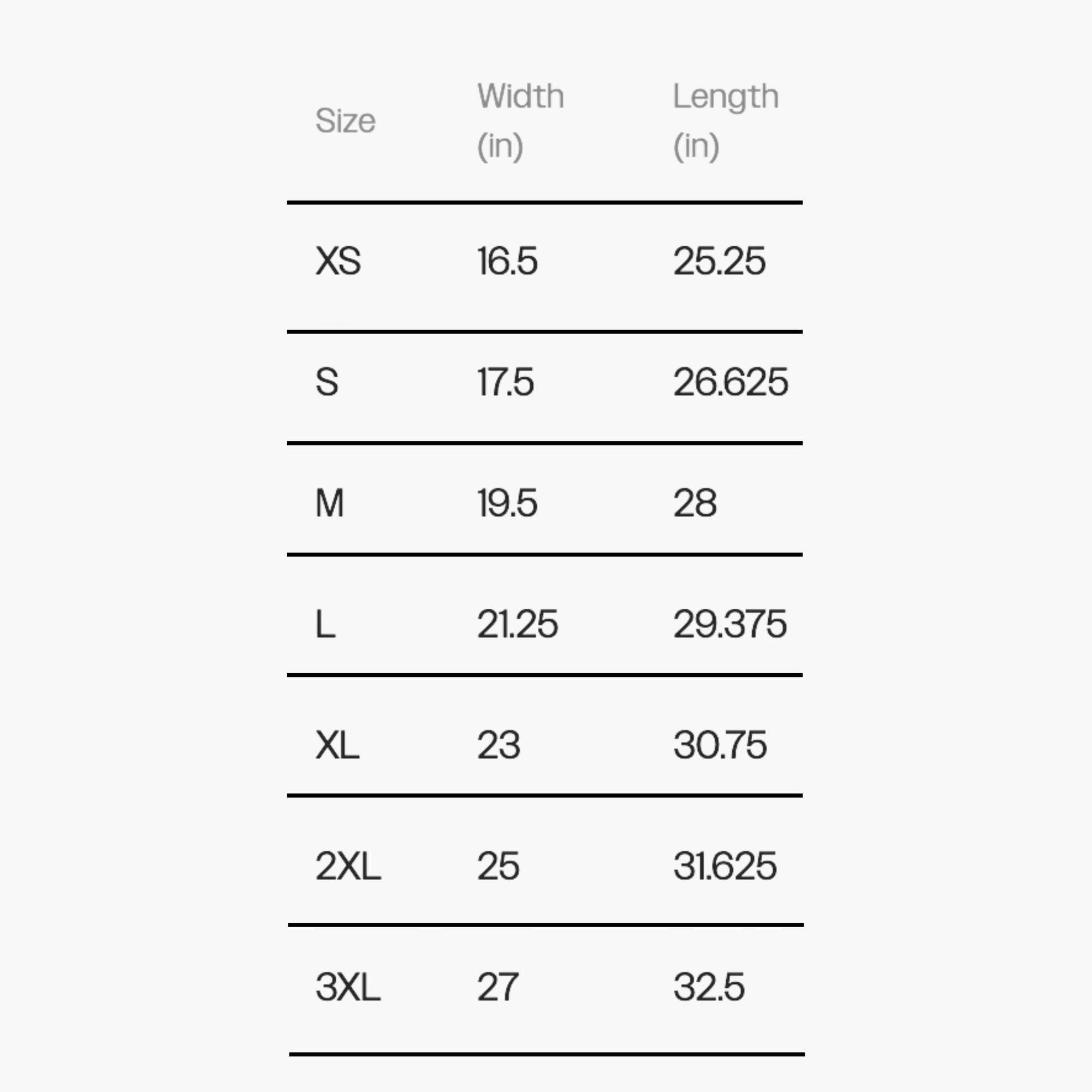 Size chart for graphic tees showing width and length in inches from XS to 3XL