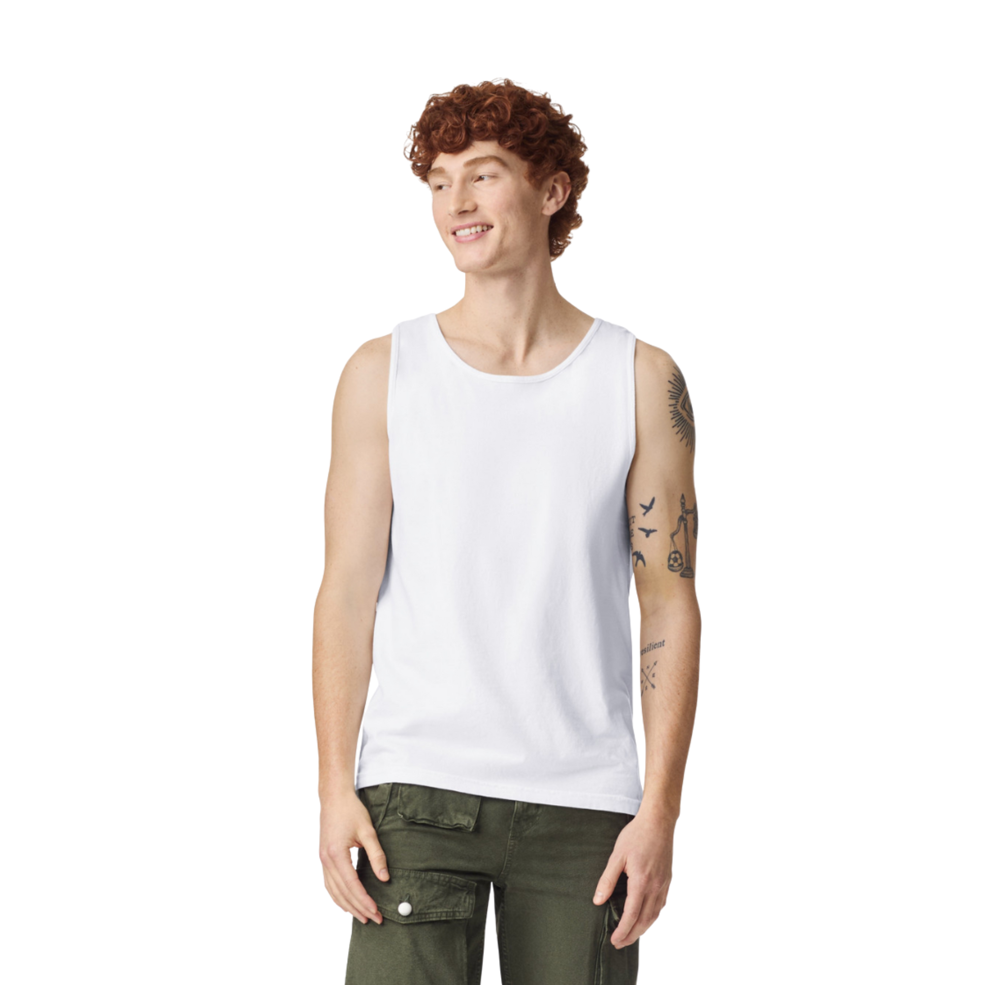 Man with curly red hair wearing white tank top and olive cargo pants, showcasing streetwear style