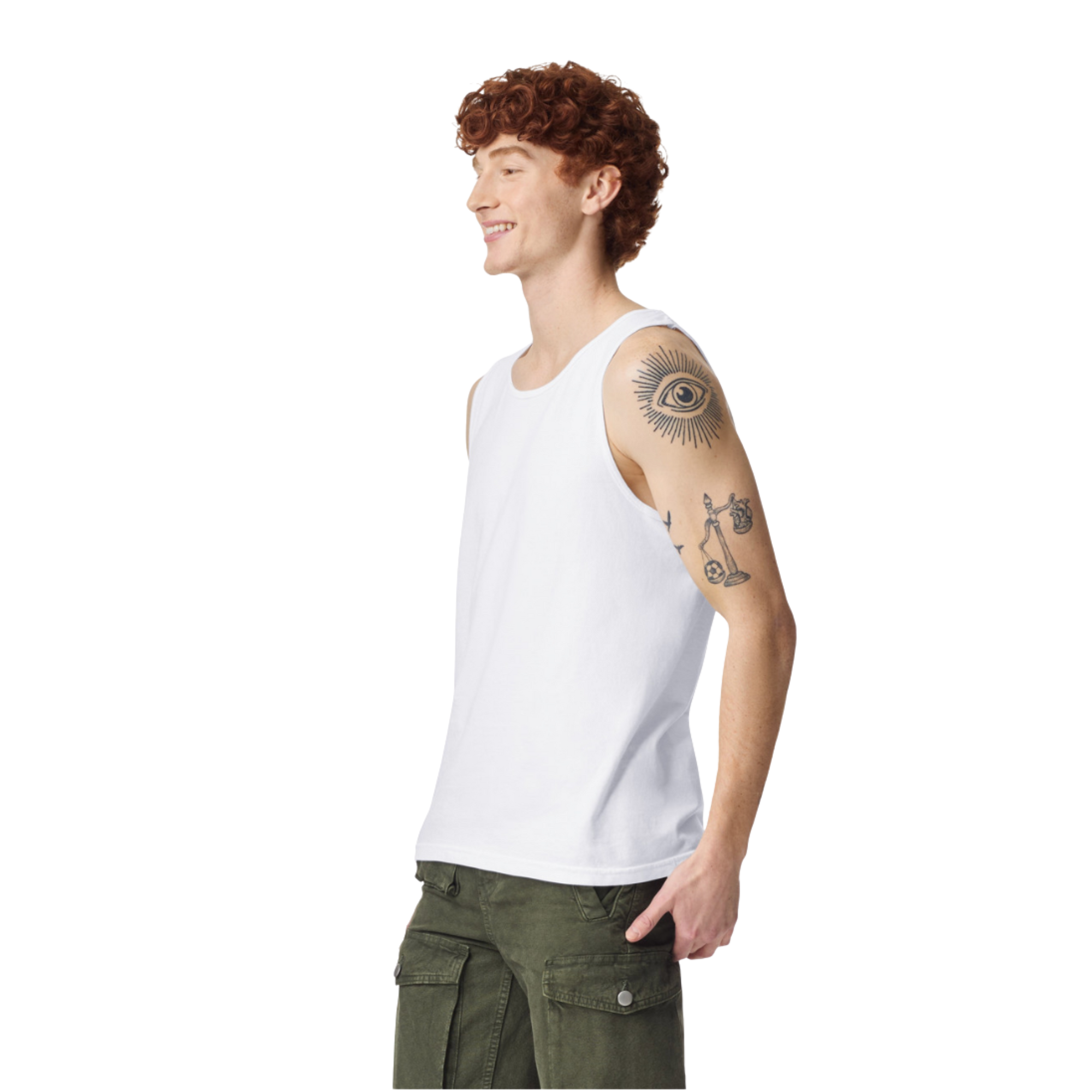 Man in white tank top with eye and scale tattoos, wearing olive cargo pants, side profile