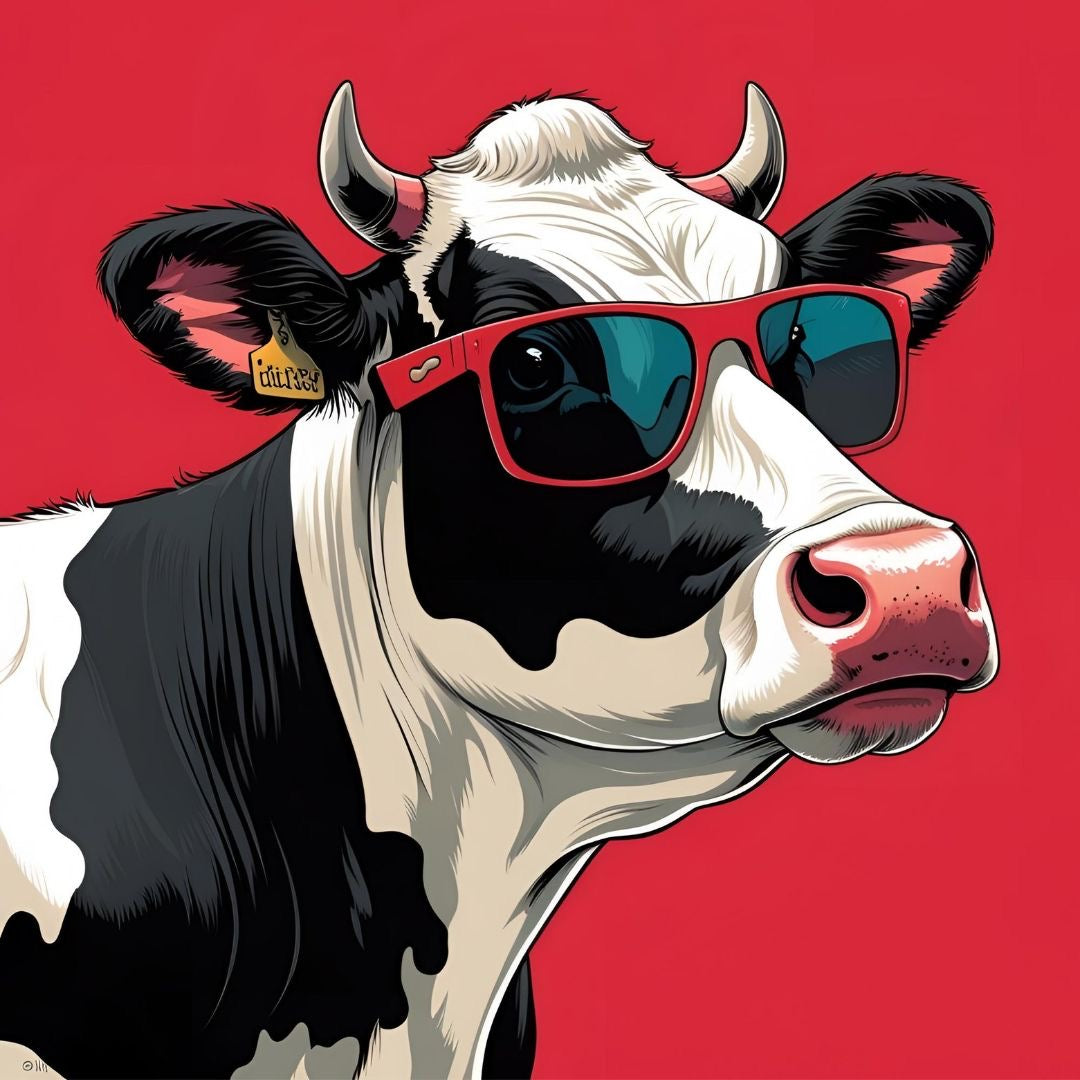 Cow wearing red sunglasses on a red background, Ink Theory Studio logo with white text on a black background, Graphic t-shirt featuring bold, unique artwork from InkTheoryStudio, Casual hoodie with statement artwork for modern style, Cozy and stylish loungewear with statement-inspired design, Yoga pants with stylish, unique pattern by InkTheoryStudio, Graphic tee with bold statement quote to express individuality, Character graphic tee with original colorful illustration, Streetwear hoodie with artistic