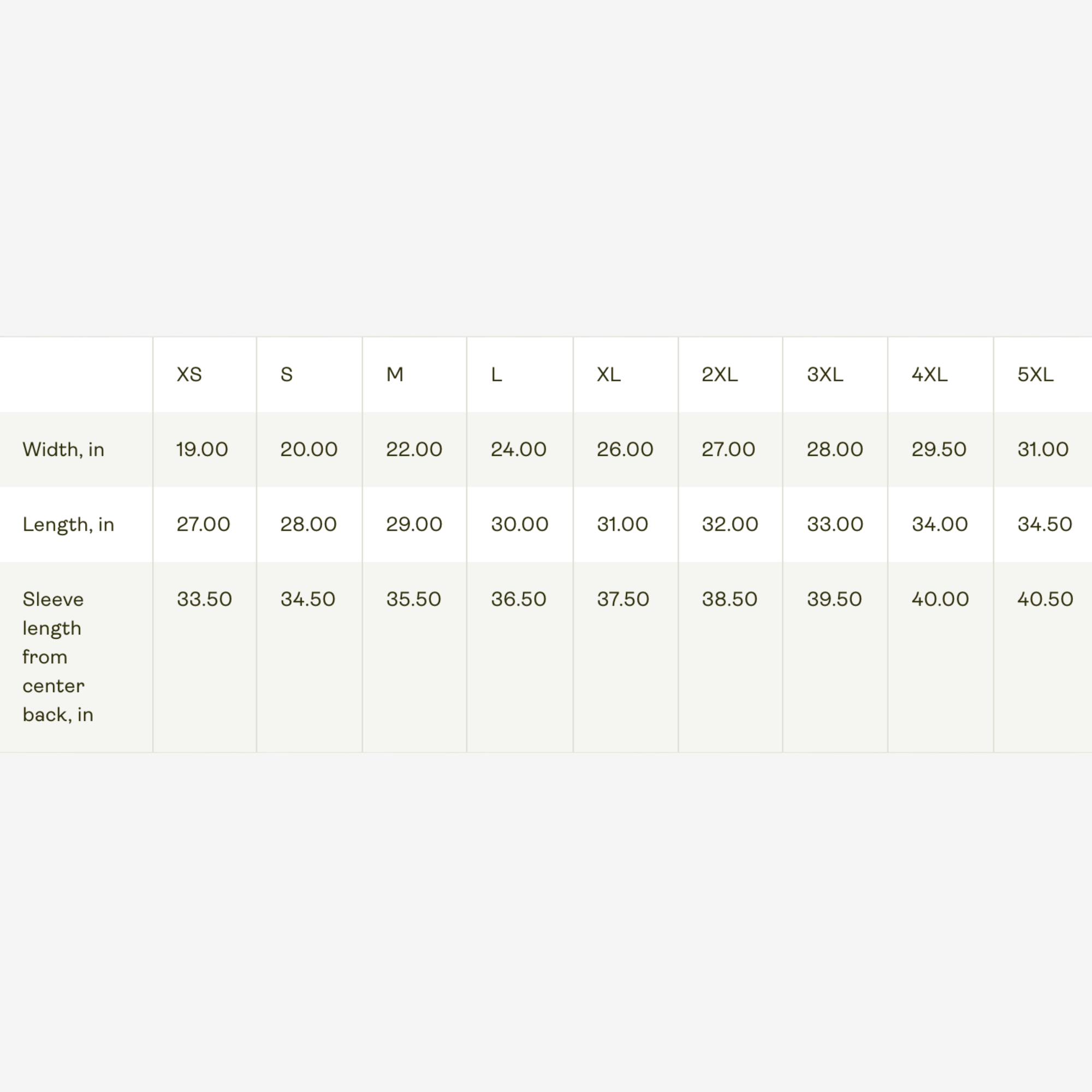 Size chart for graphic apparel showing width, length, and sleeve measurements from XS to 5XL