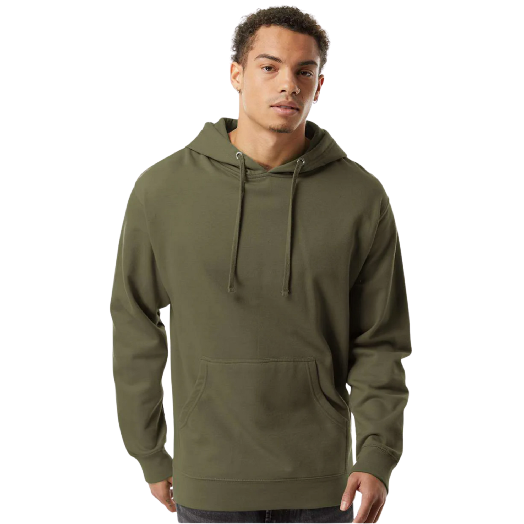 Olive green hooded sweatshirt with front pocket, modeled for streetwear style