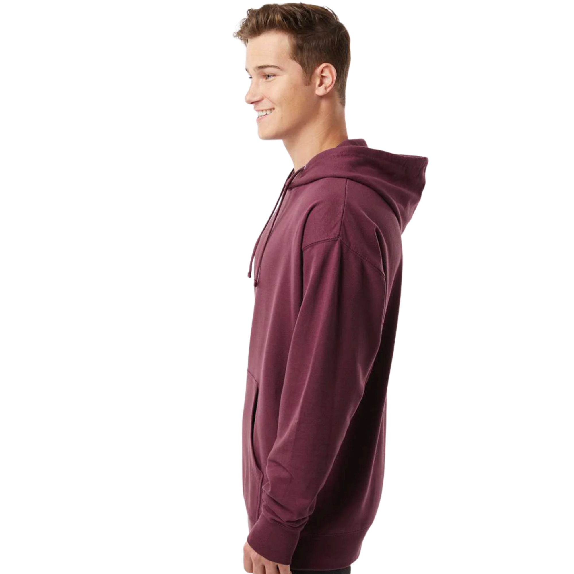Man in maroon hoodie side view, casual streetwear style
