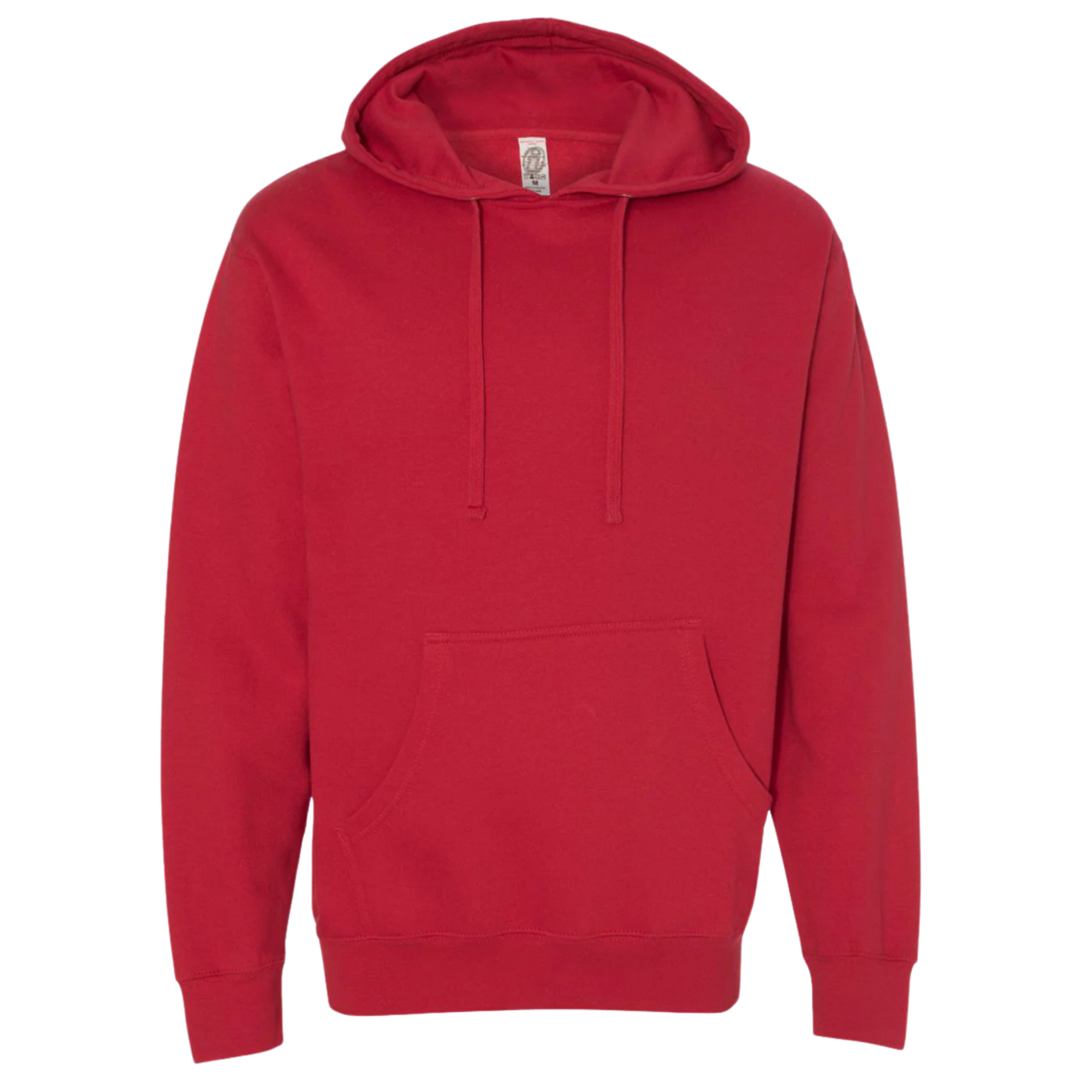 Red hooded sweatshirt with front pocket and drawstrings, ideal for streetwear and casual style
