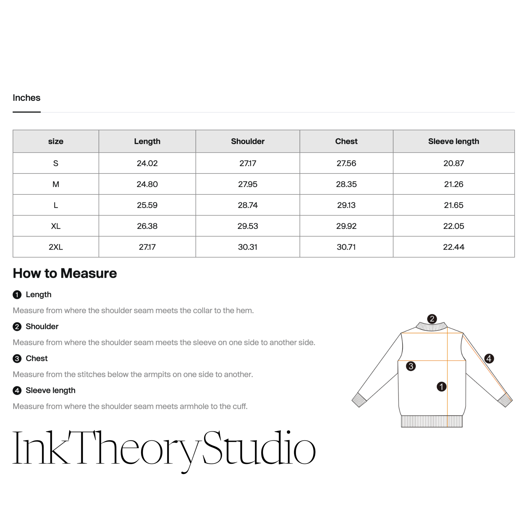 Measurement chart for InkTheoryStudio clothing, showing size tables in inches with columns for S, M, L, XL, and 2XL, plus how-to-measure instructions and a simple sweater measurement diagram.