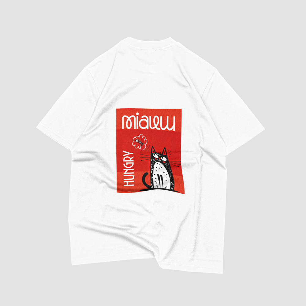 White graphic t-shirt with red 'MIAUW HUNGRY' cat print, bold streetwear design for casual style.