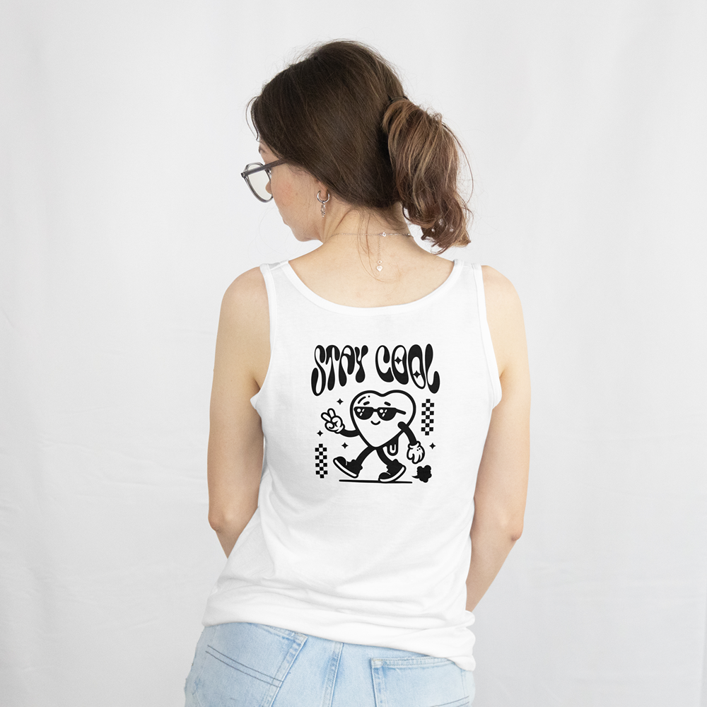 White tank top with 'Stay Cool' graphic, heart character in sunglasses, streetwear style