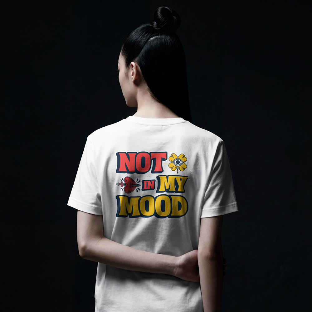 White graphic tee with 'NOT IN MY MOOD' print, bold streetwear design for expressive style