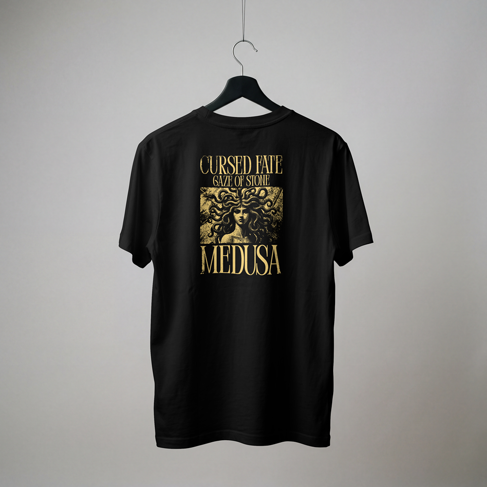 Black graphic t-shirt with Medusa design, cursed fate text, bold streetwear style