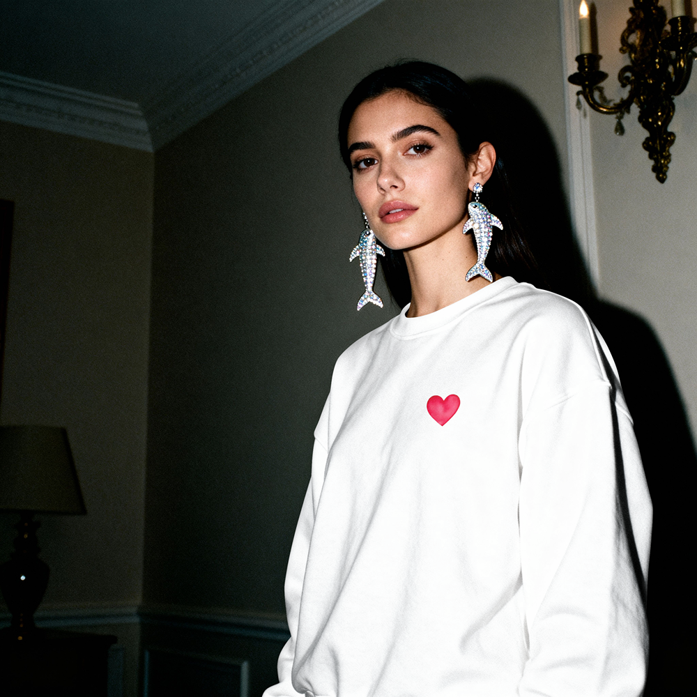 White graphic sweatshirt with pink heart, styled with crystal dolphin earrings for bold streetwear look