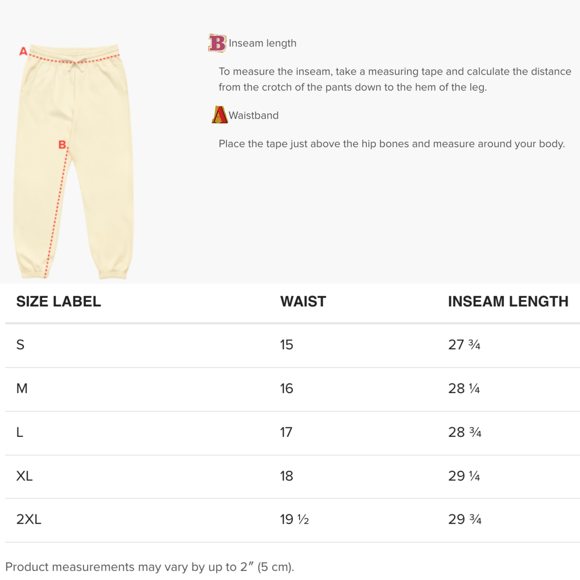 Cream jogger pants size chart showing waist and inseam measurements for S to 2XL