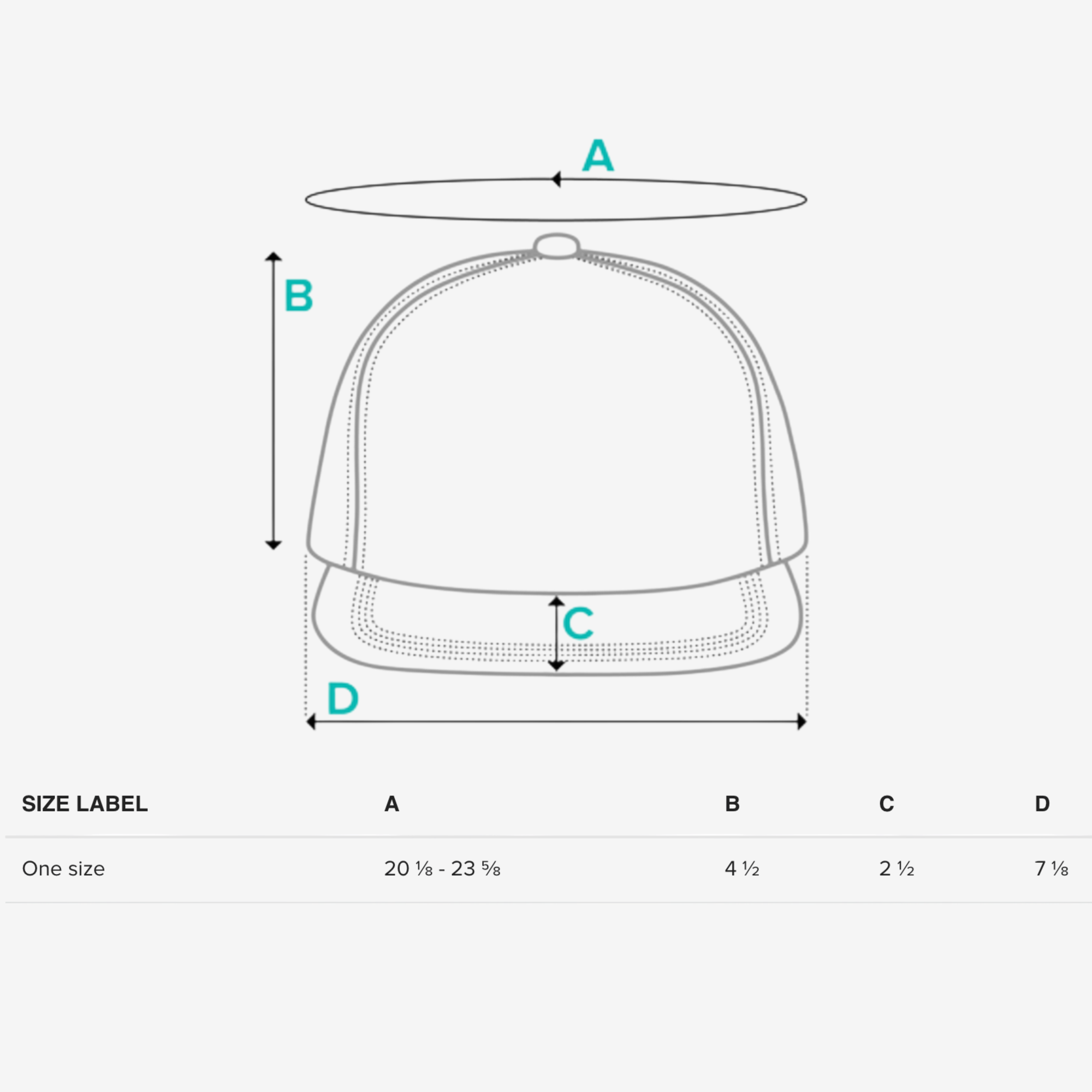 One size hat dimensions diagram showing measurements A, B, C, D for fit and style