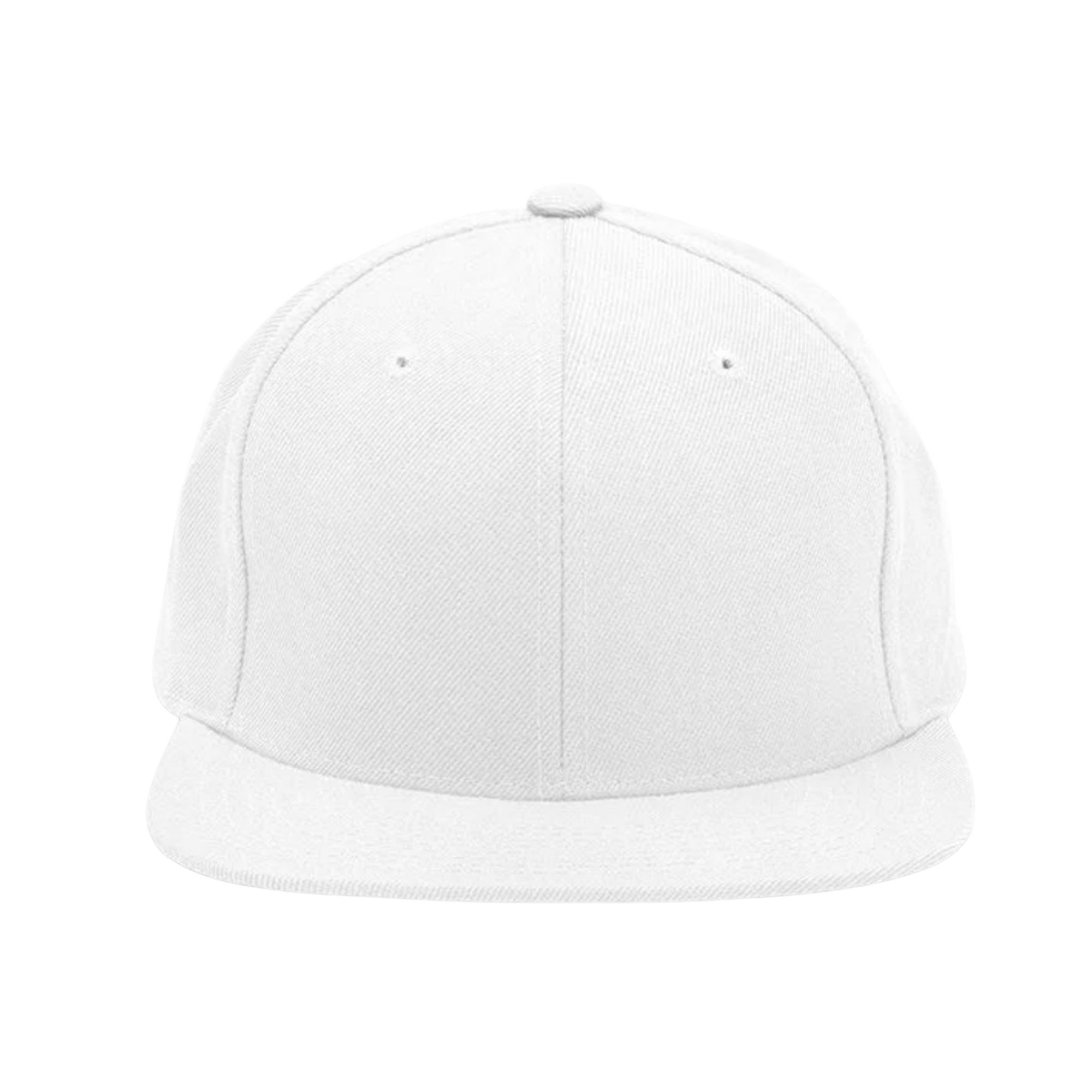 White snapback hat with flat brim, ideal for custom streetwear designs and graphic apparel