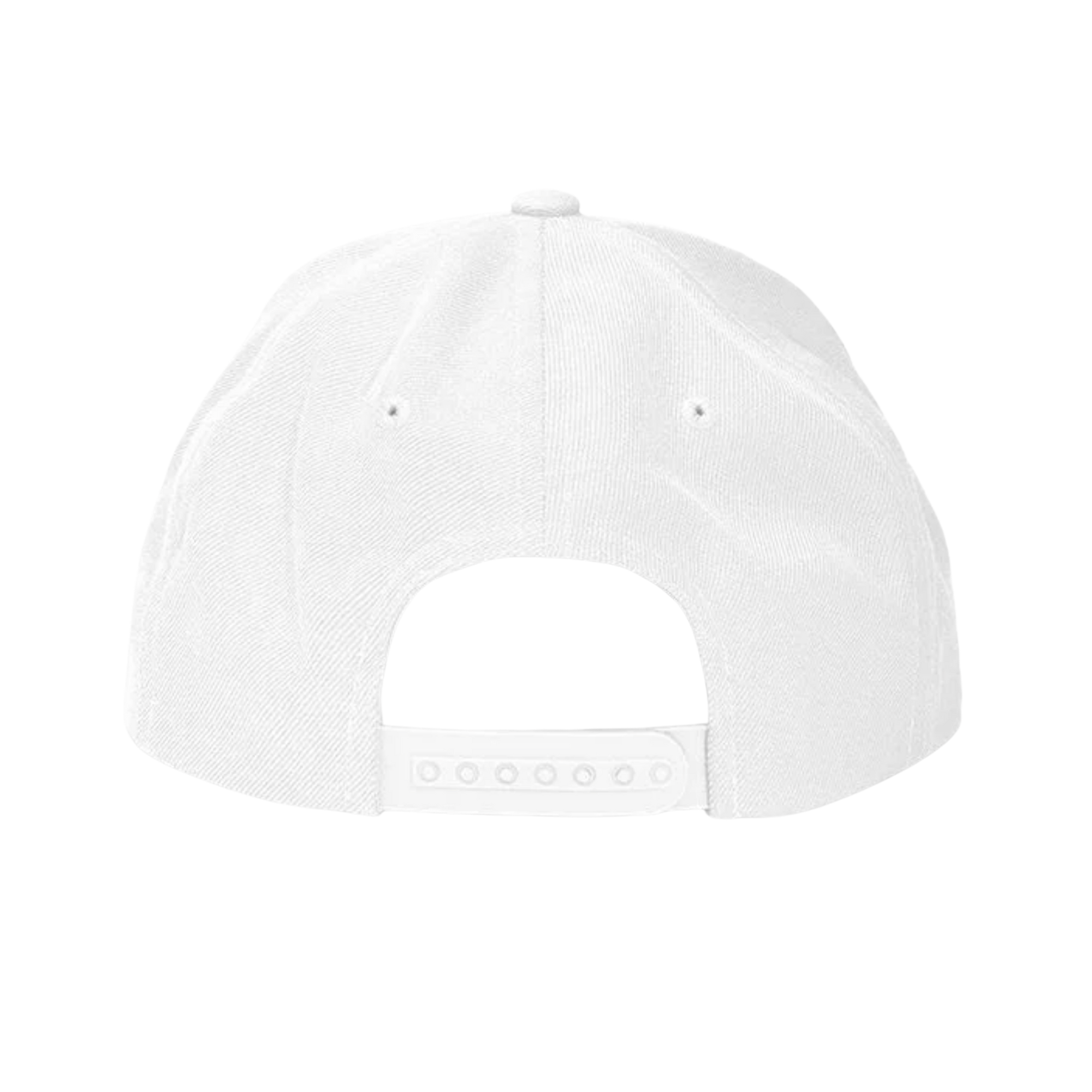 White snapback hat back view with adjustable strap, streetwear accessory for casual style