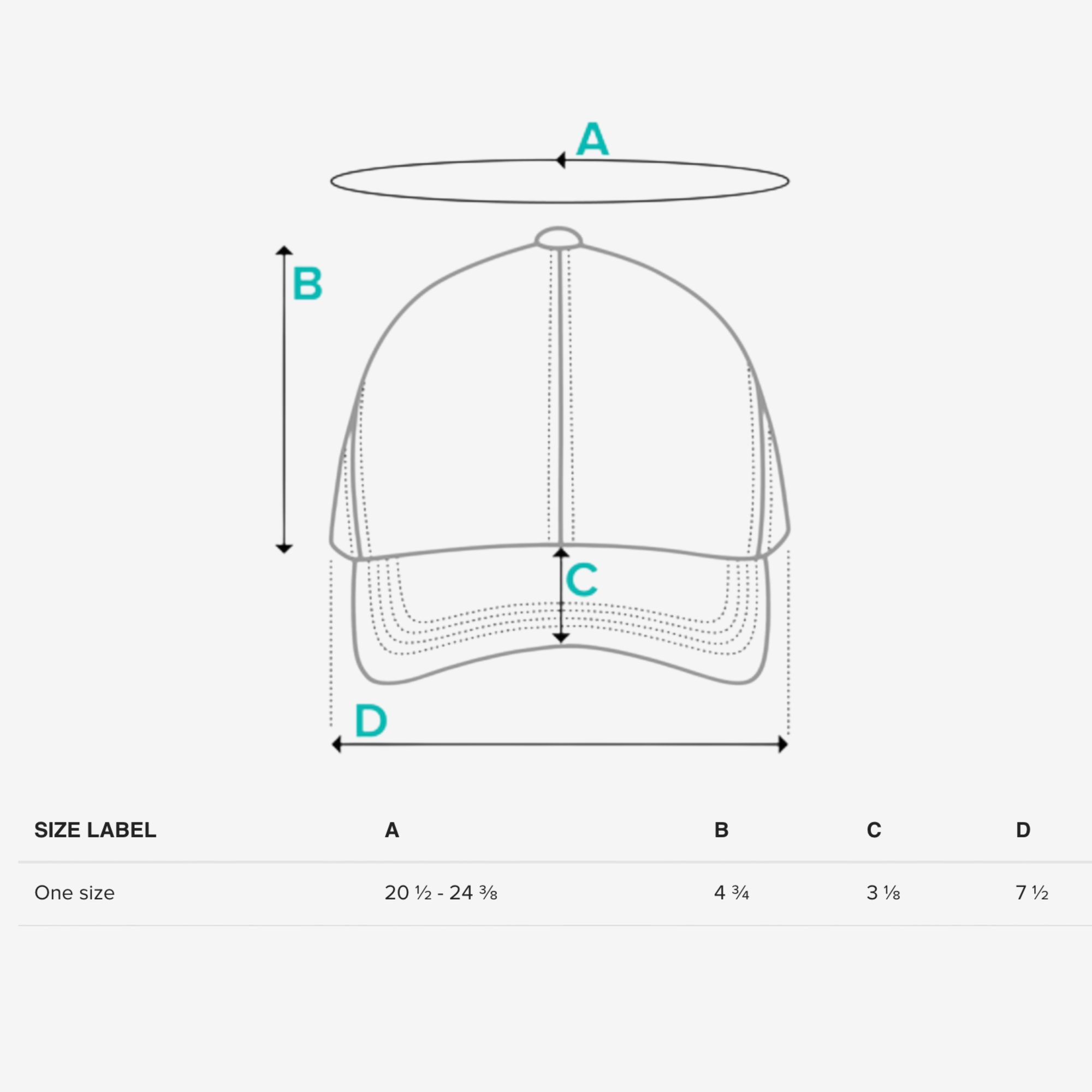 One size hat measurements diagram showing circumference, height, brim depth, and width for fit guidance.