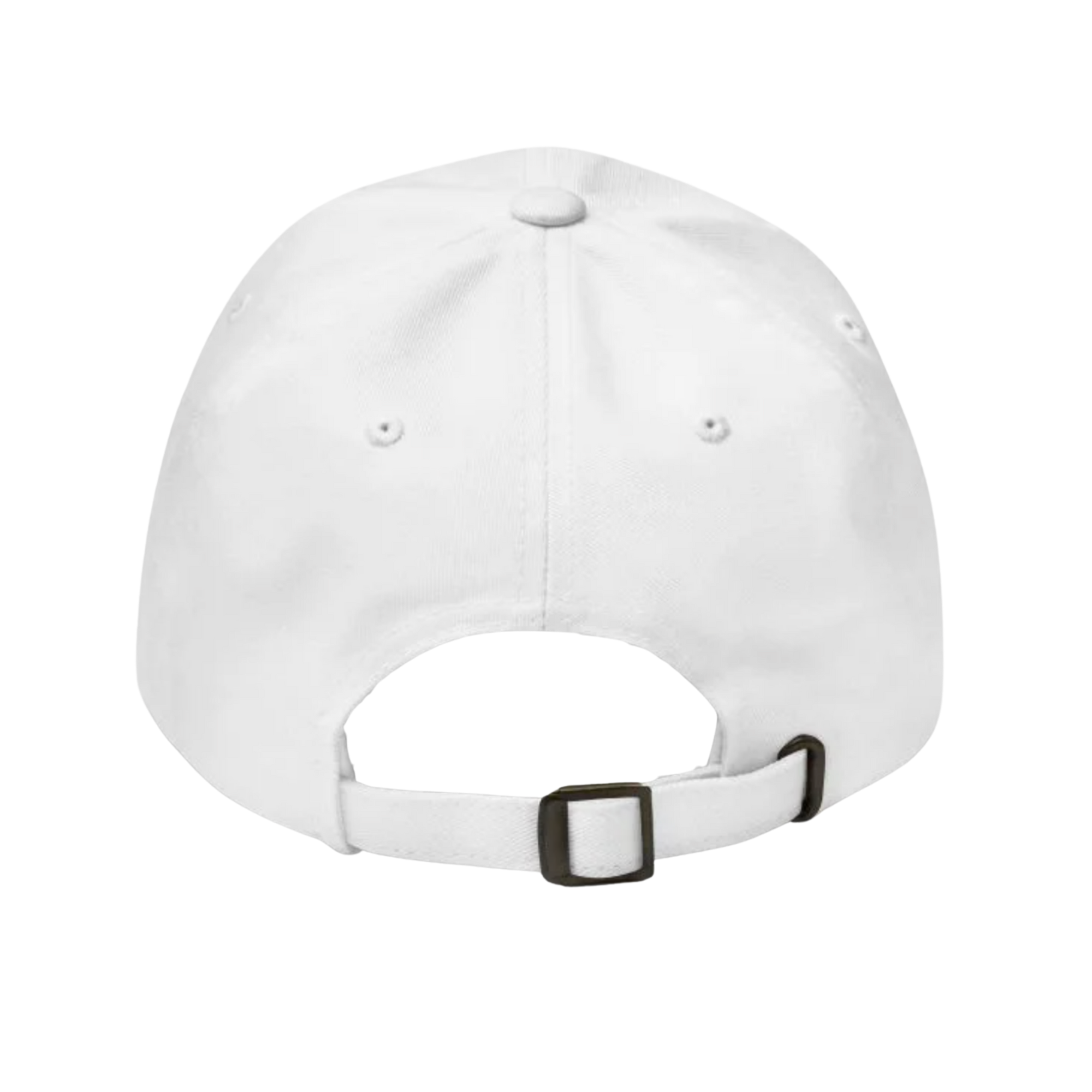 White adjustable baseball cap with black buckle, back view for streetwear style